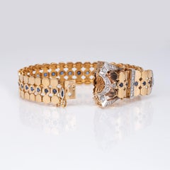 1940s Portuguese Retro Buckle Bracelet Sapphire 19k Rose Gold 7" Fine Jewelry