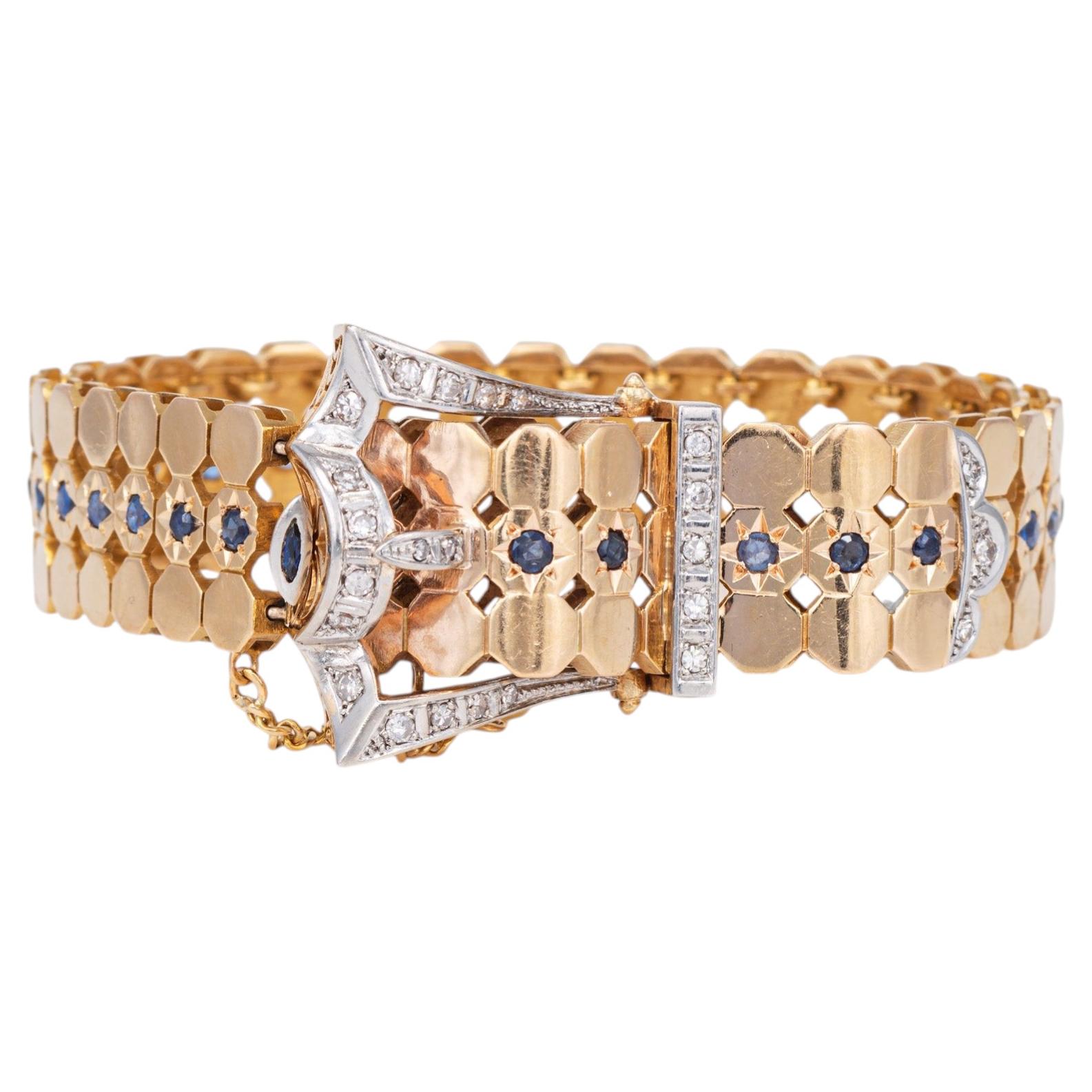 1940s Portuguese Retro Buckle Bracelet Sapphire 19k Rose Gold 7" Fine Jewelry