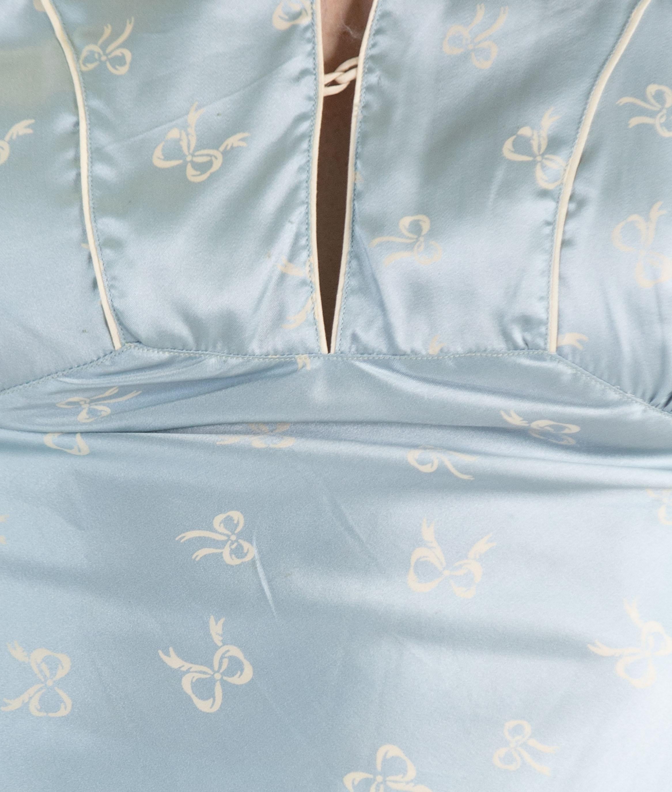 1940S Powdered Blue Rayon Satin Bow Print Pajamas For Sale 7
