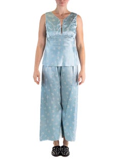 1940S Powdered Blue Rayon Satin Bow Print Pajamas
