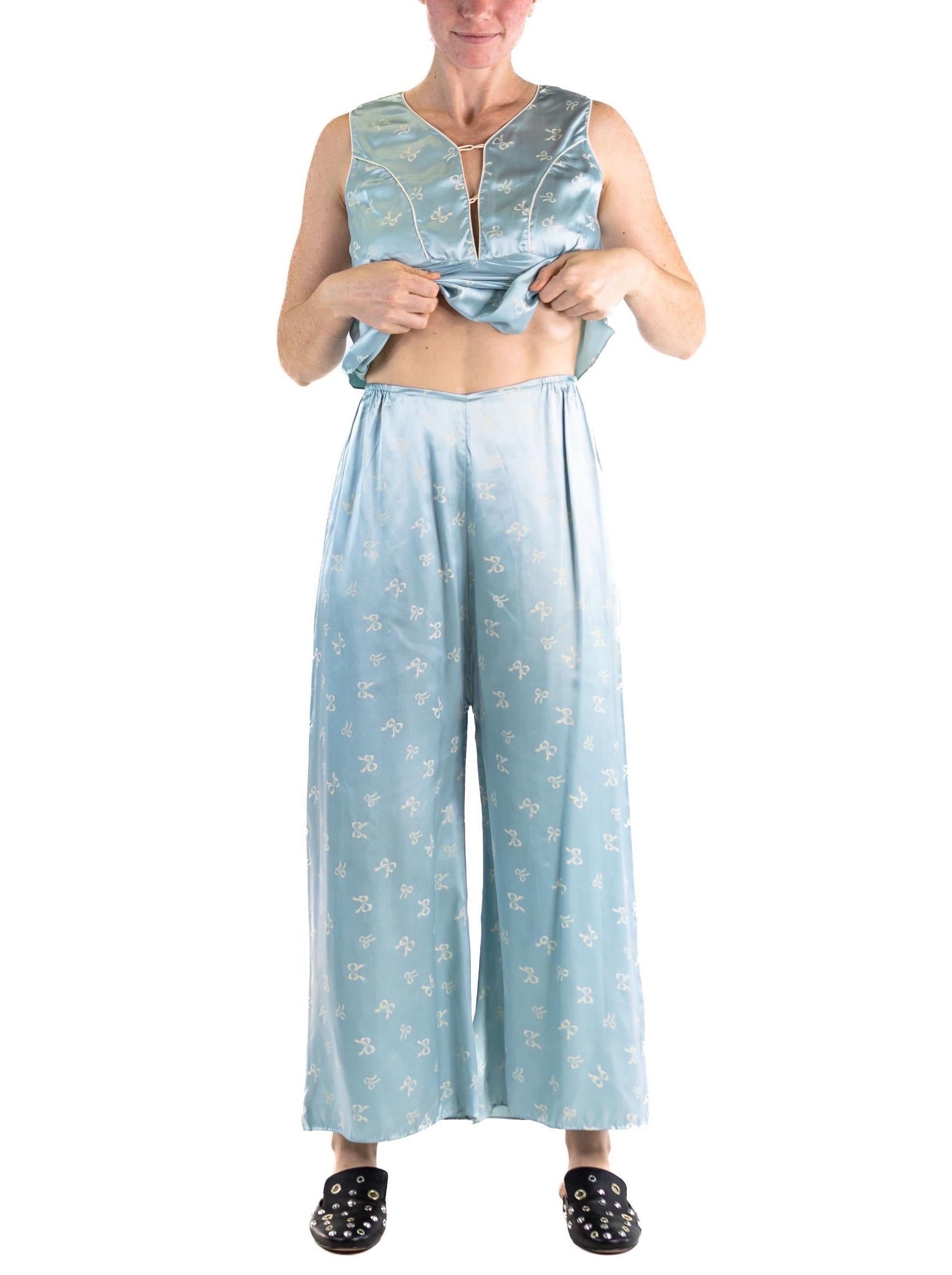 1940S Powdered Blue Rayon Satin Bow Print Pajamas For Sale 1
