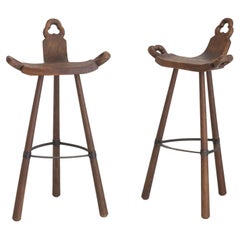 1940s Carved Wood Spanish "Birthing" Bar Stools, a Pair