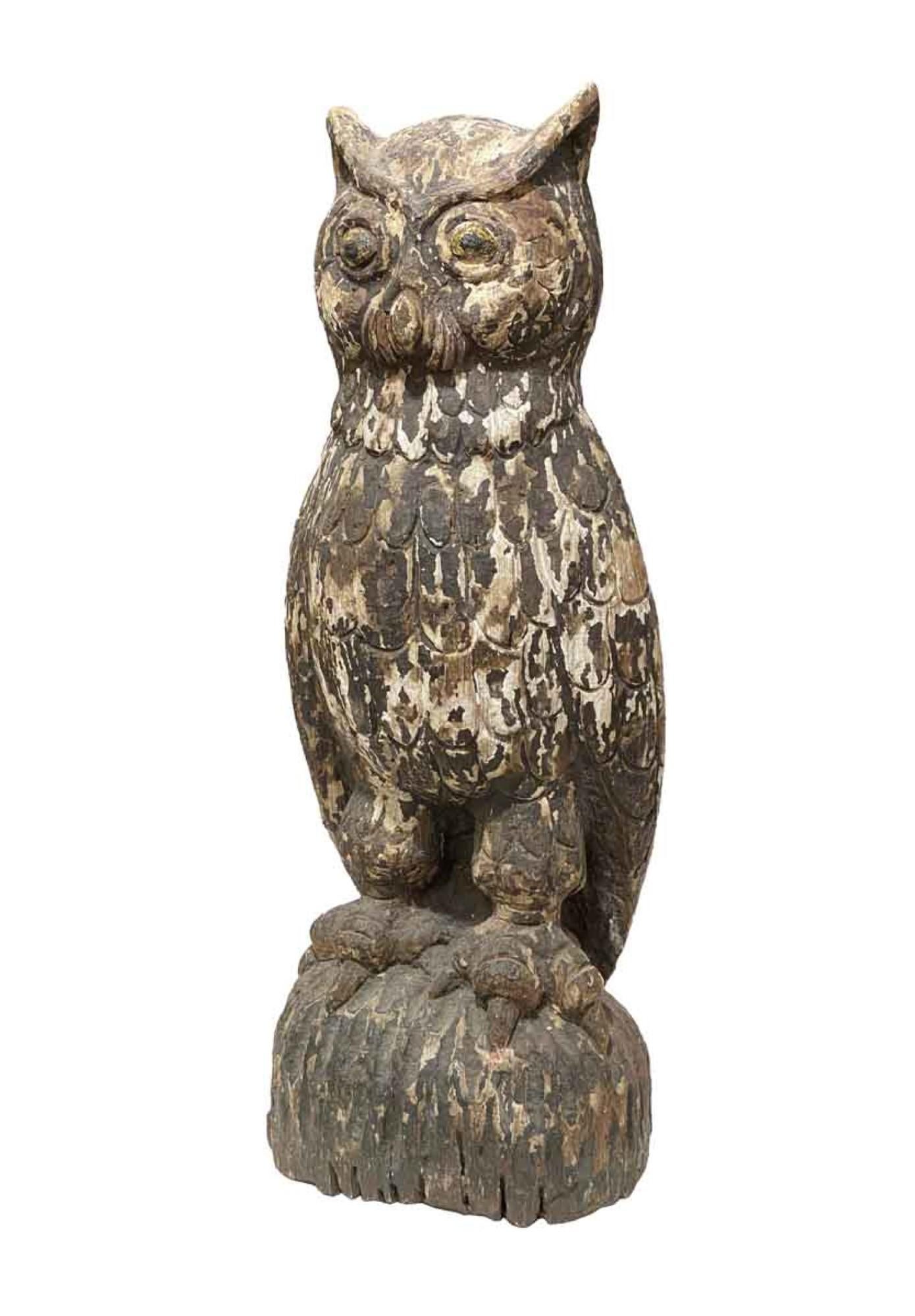 Large scale weathered hand carved wood owl statue with original patina. Done in a primitive style. Original Americana. This can be seen at our 333 West 52nd St location in the Theater District West of Manhattan.