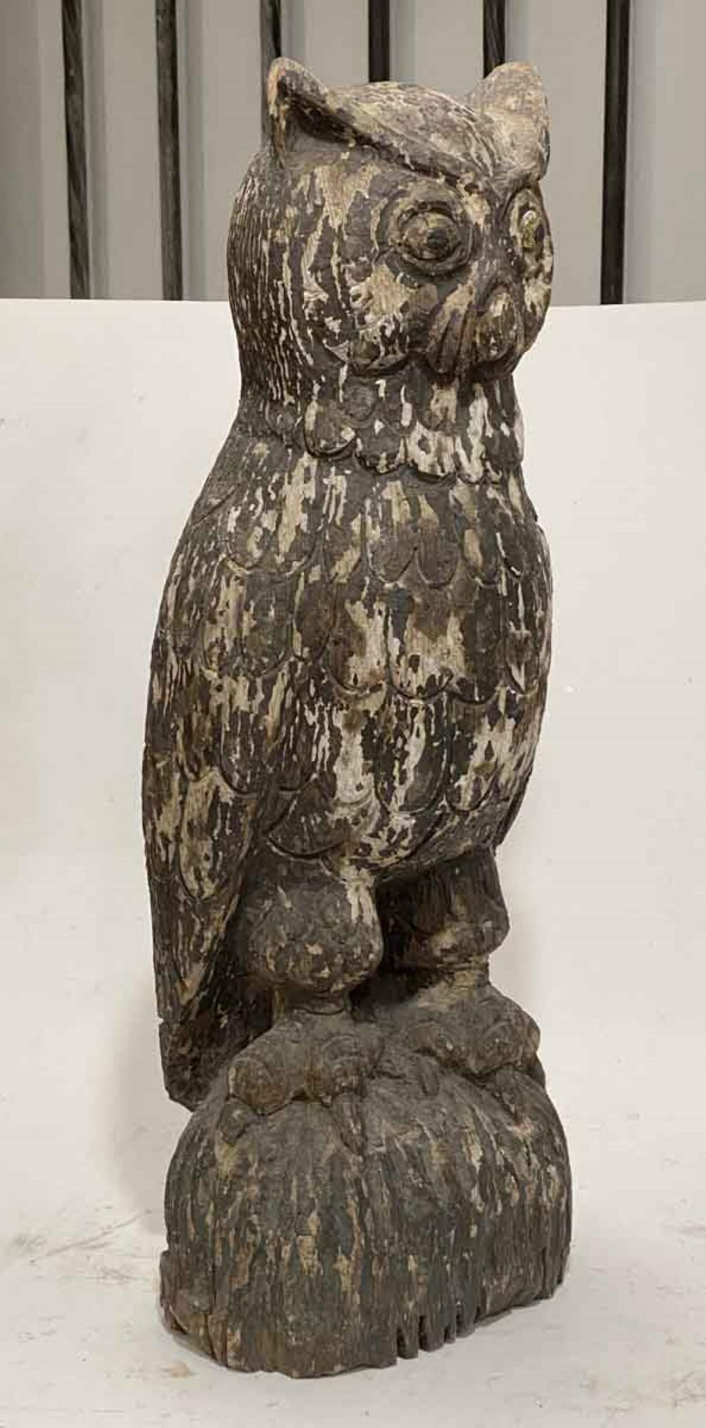 American 1940s Primitive Hand Carved Wood Owl Statue with Original Weathered Patina