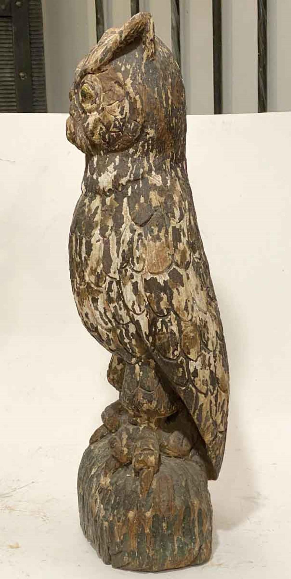 Mid-20th Century 1940s Primitive Hand Carved Wood Owl Statue with Original Weathered Patina
