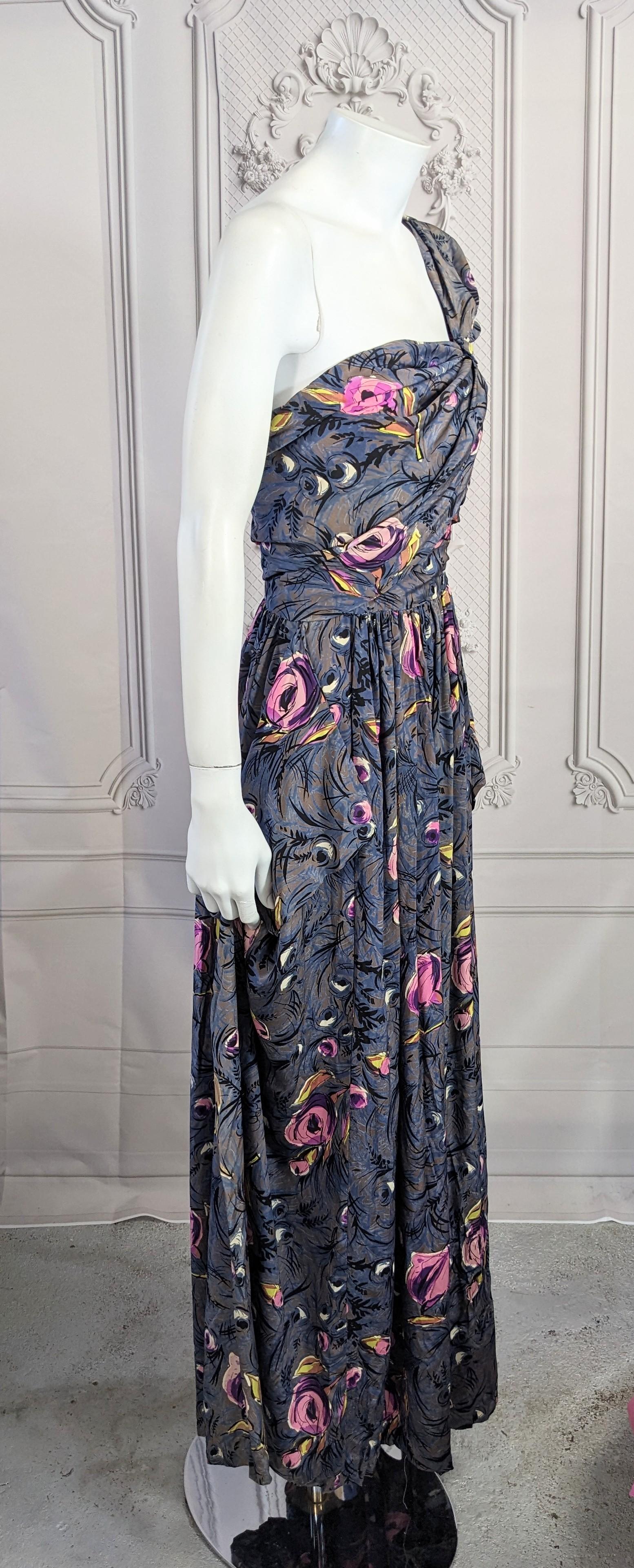 1940's Printed Draped Silk One Shoulder Gown For Sale 6