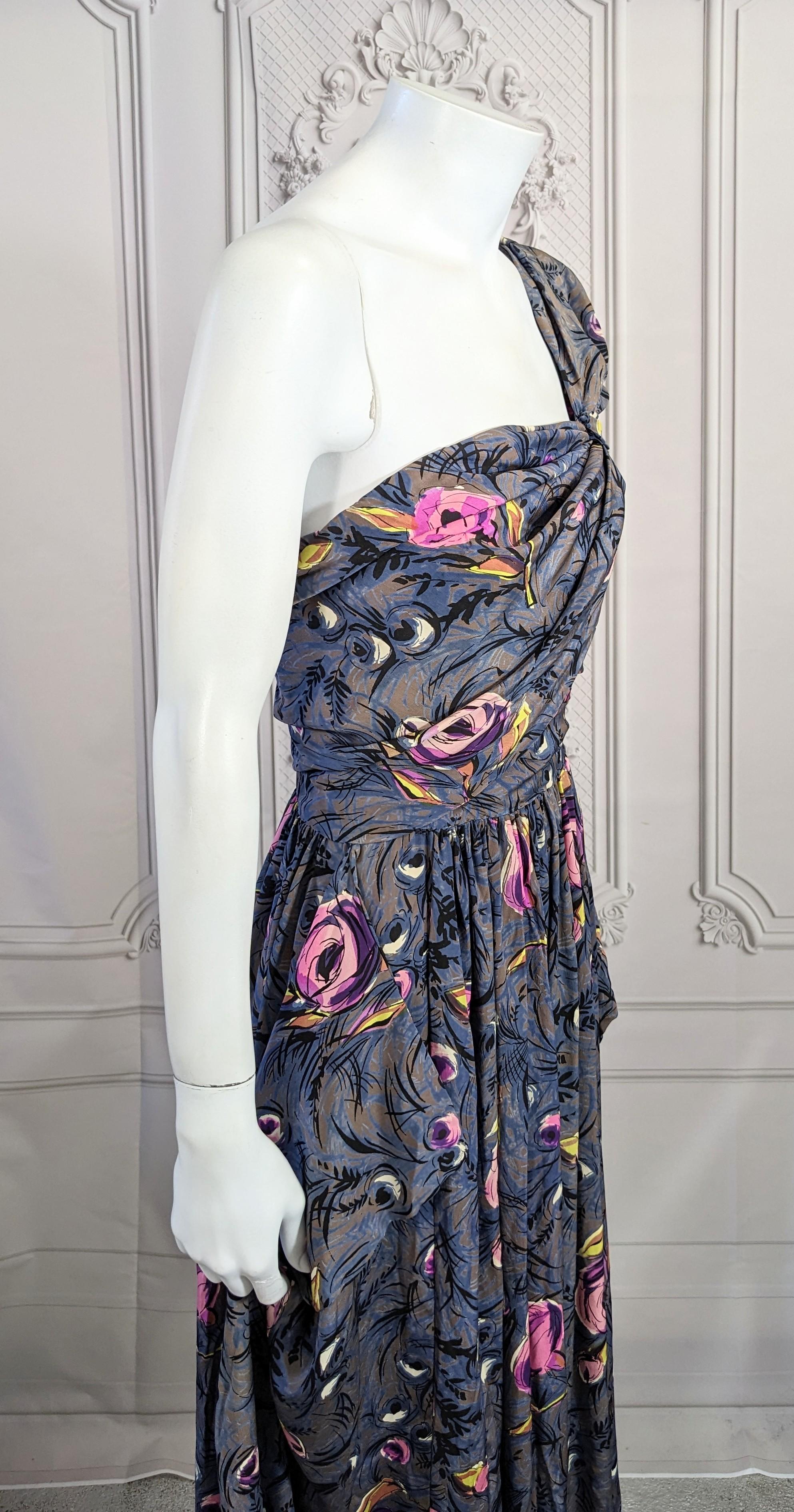 1940's Printed Draped Silk One Shoulder Gown For Sale 7
