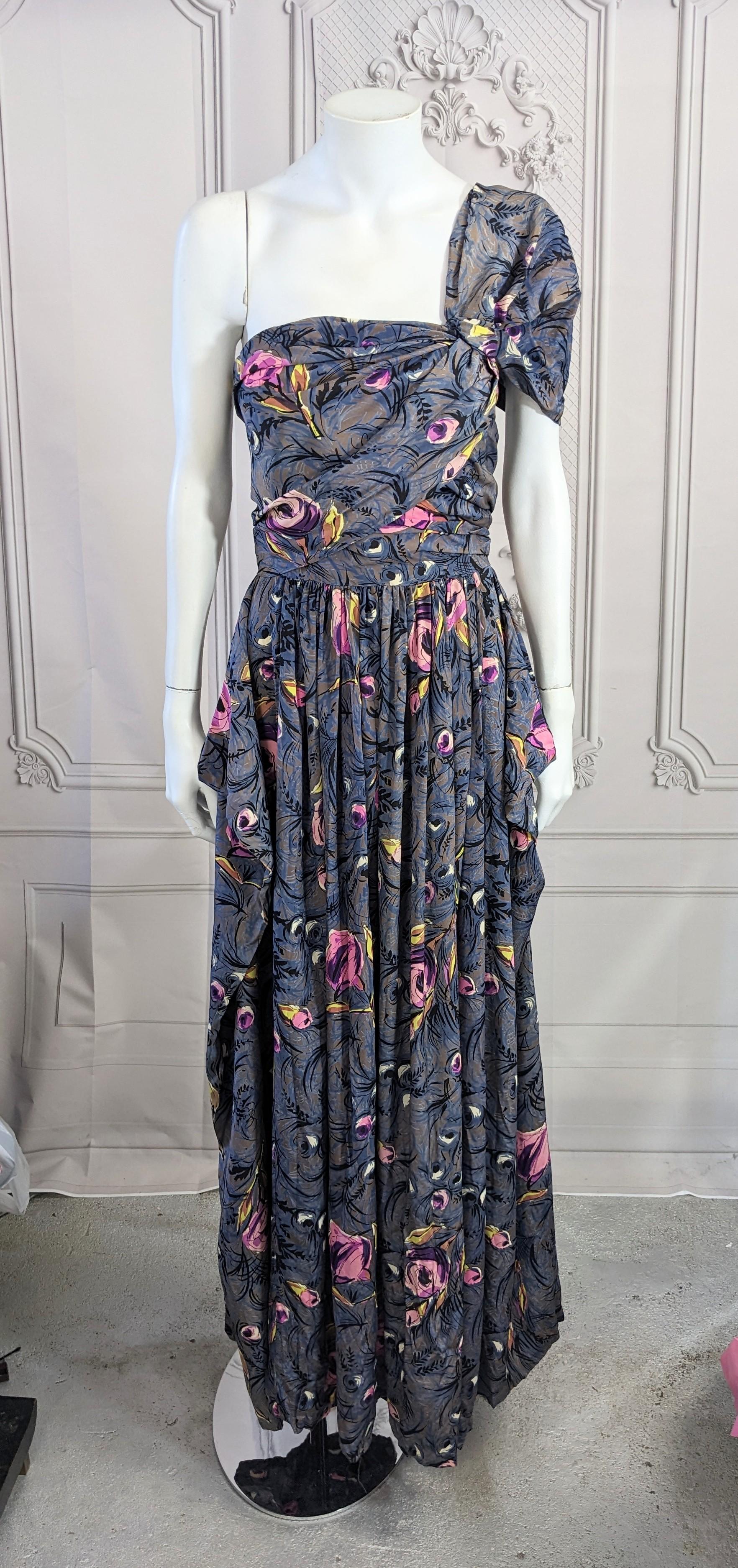 1940's Printed Draped Silk One Shoulder Gown For Sale 8