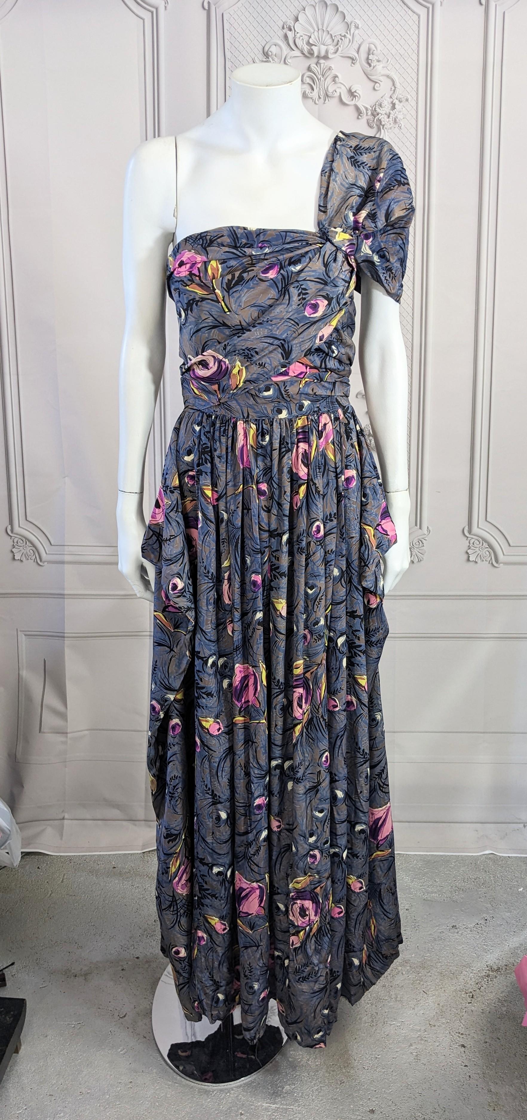 1940's Printed Draped Silk One Shoulder Gown For Sale 7