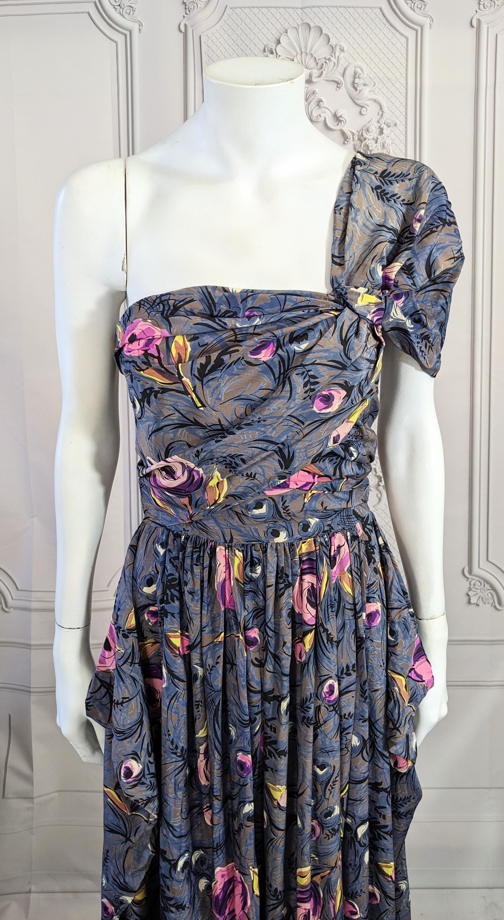 1940's Printed Draped Silk One Shoulder Gown For Sale 9