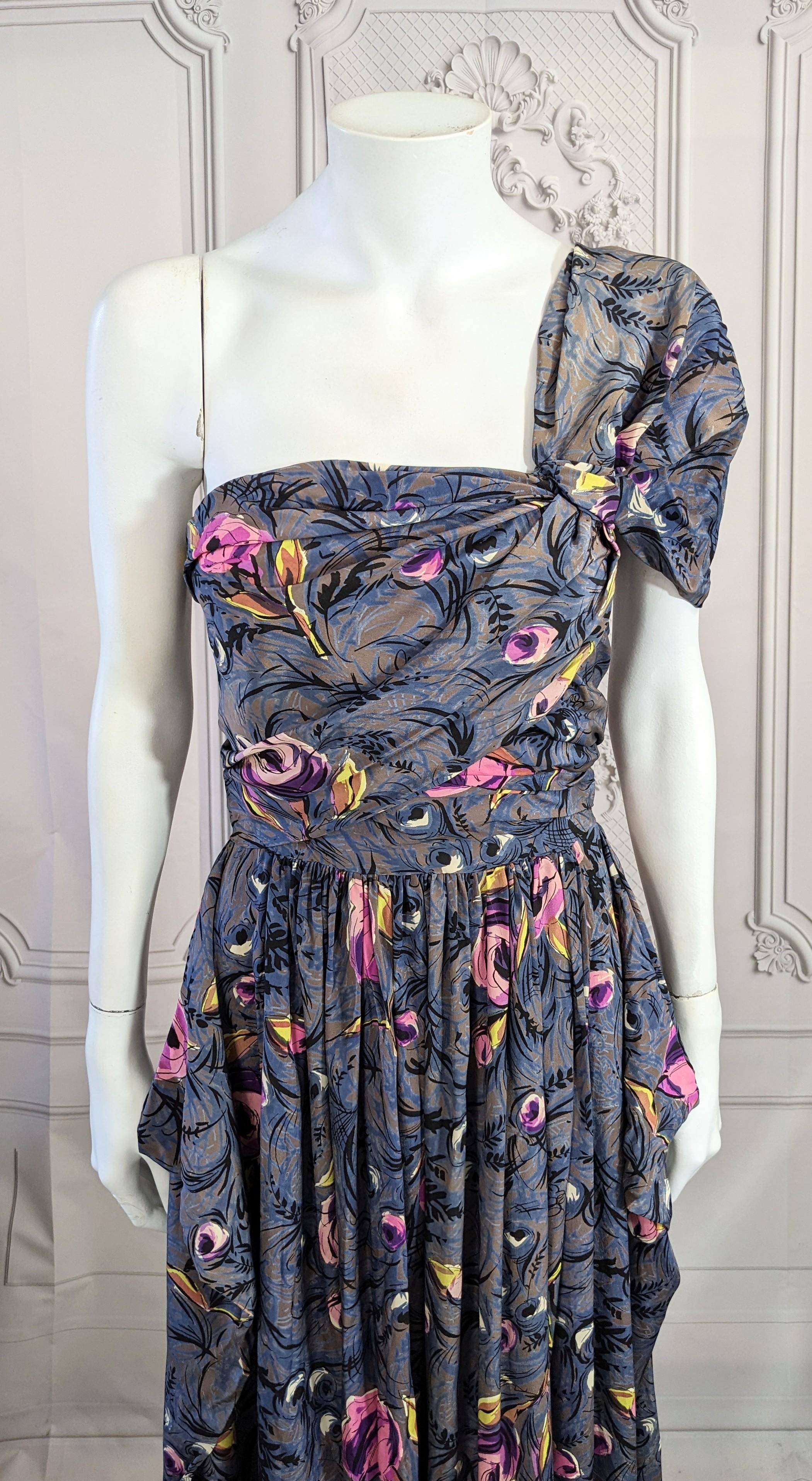 1940's Printed Draped Silk One Shoulder Gown For Sale 8