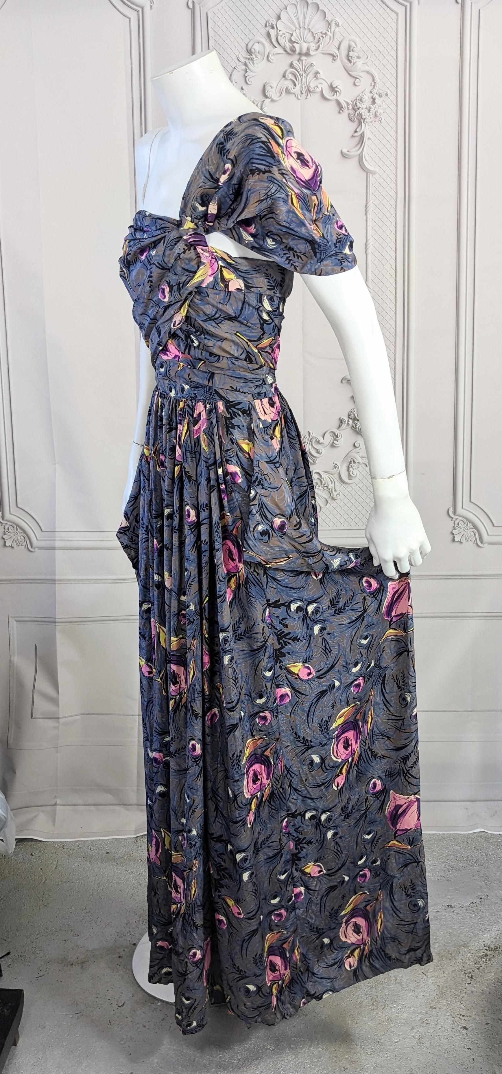 1940's Printed Draped Silk One Shoulder Gown For Sale 10
