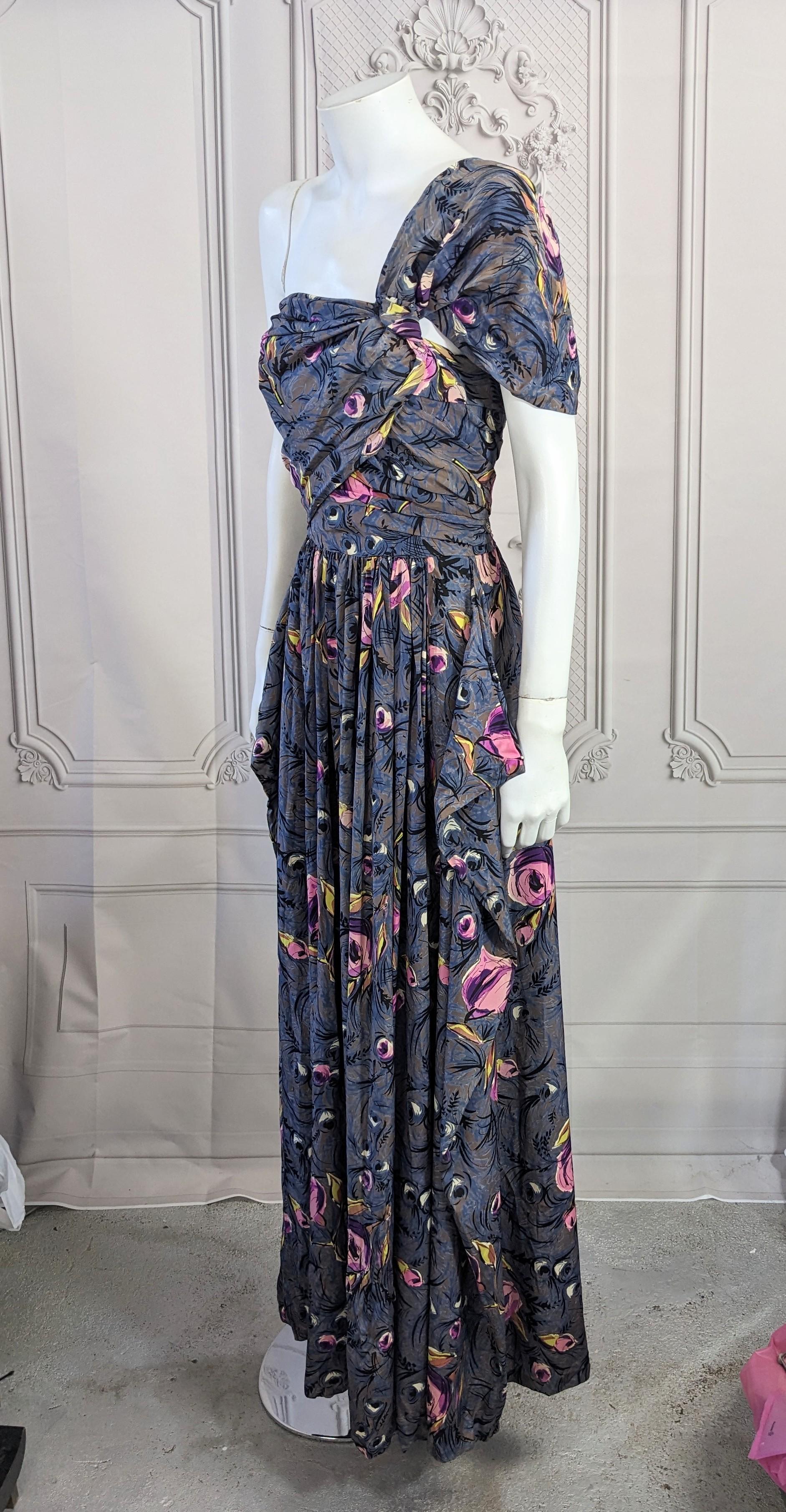 1940's Printed Draped Silk One Shoulder Gown For Sale 12
