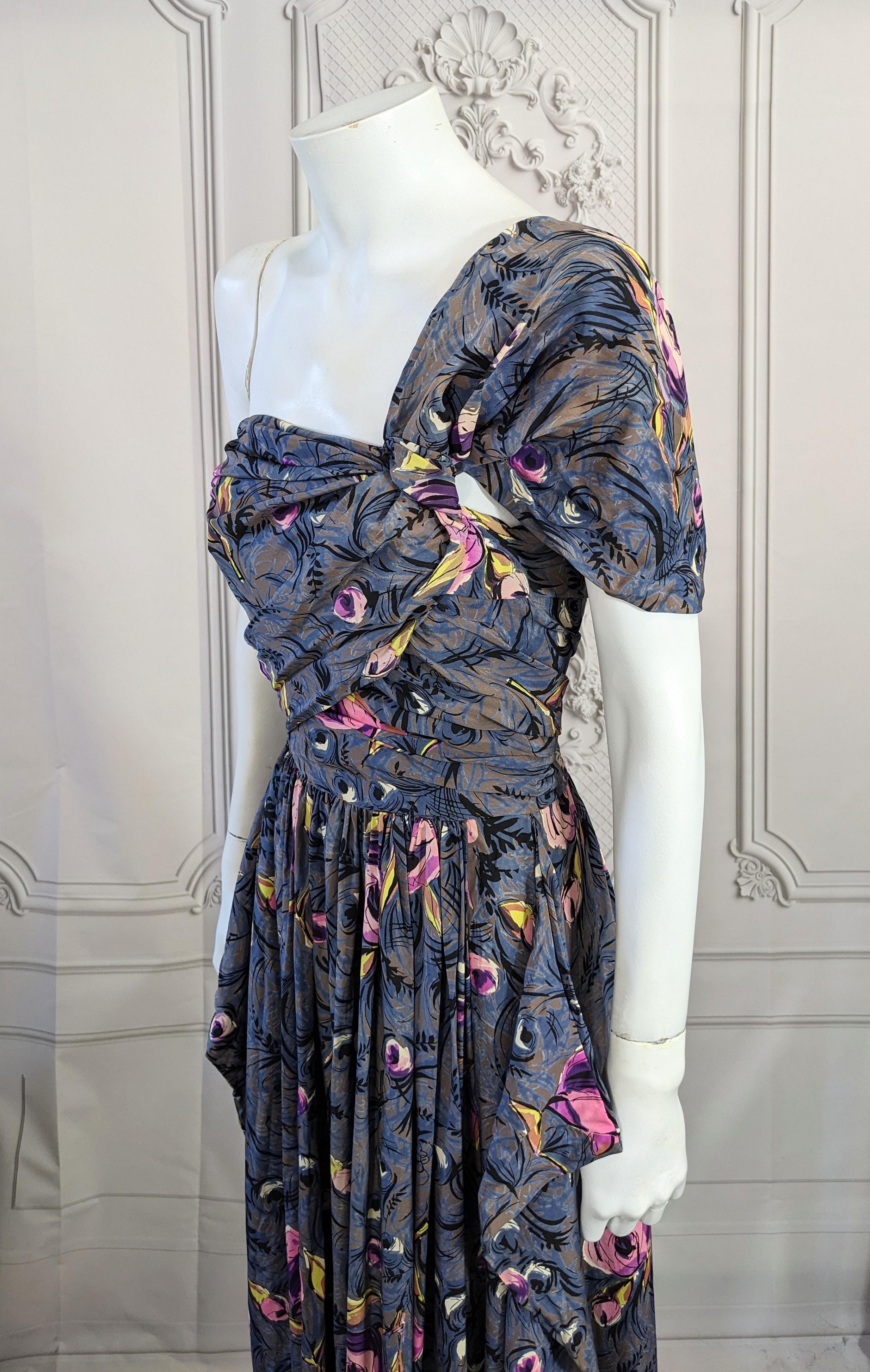 1940's Printed Draped Silk One Shoulder Gown For Sale 13