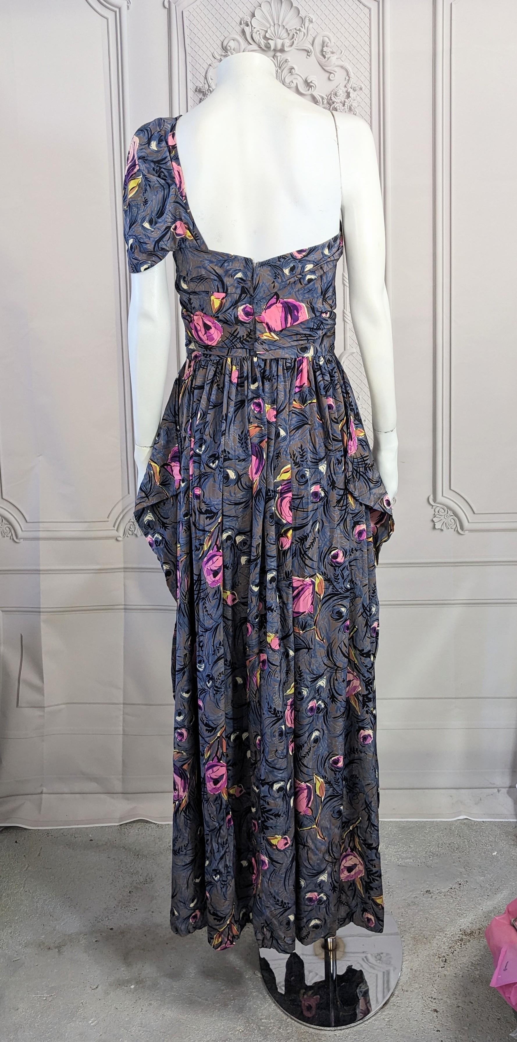 1940's Printed Draped Silk One Shoulder Gown For Sale 14