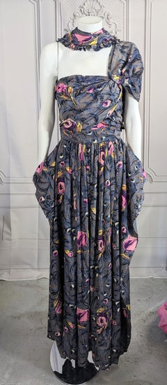1940's Printed Draped Silk One Shoulder Gown