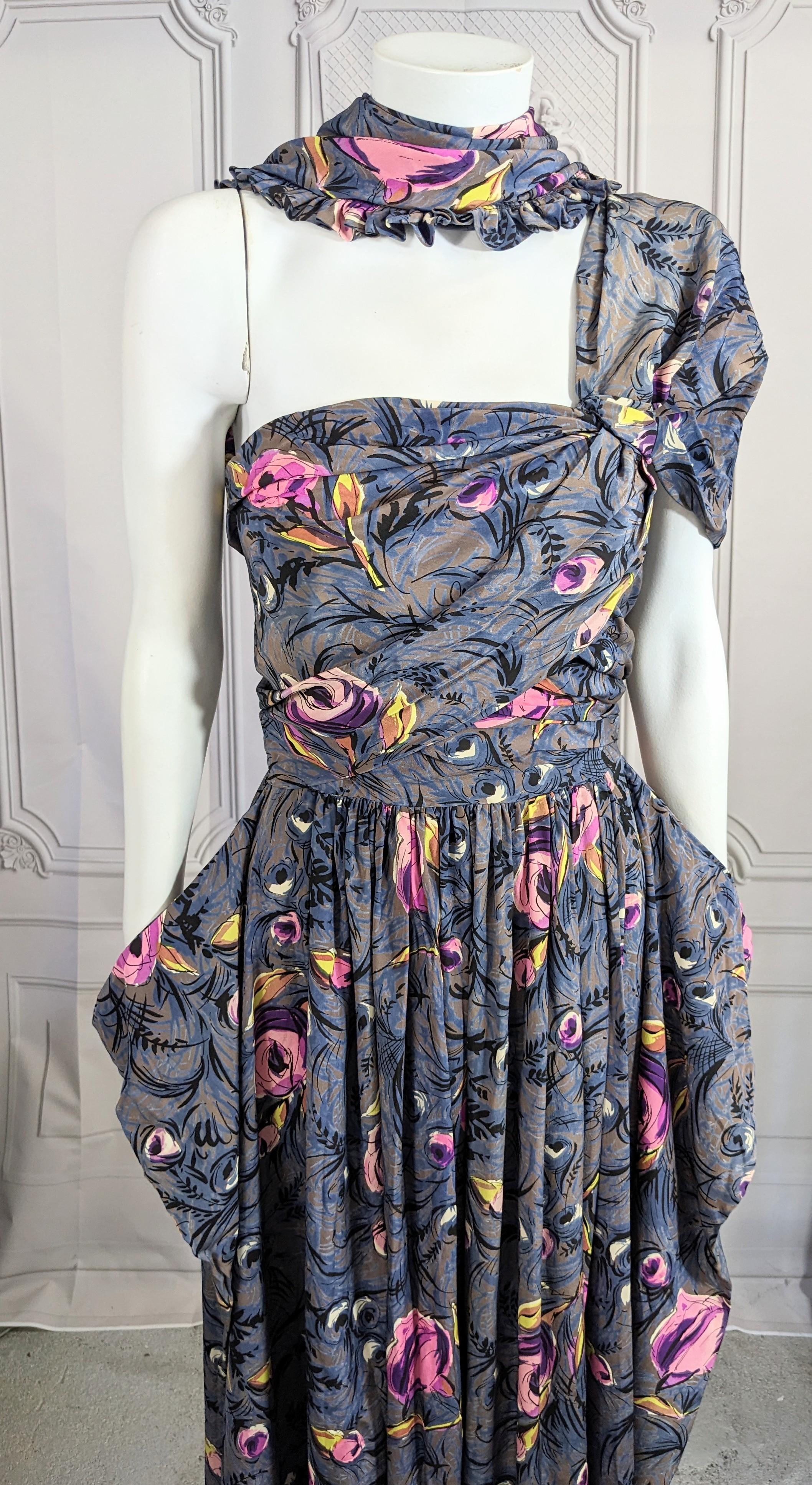 1940's Printed Draped Silk One Shoulder Gown In Good Condition For Sale In New York, NY