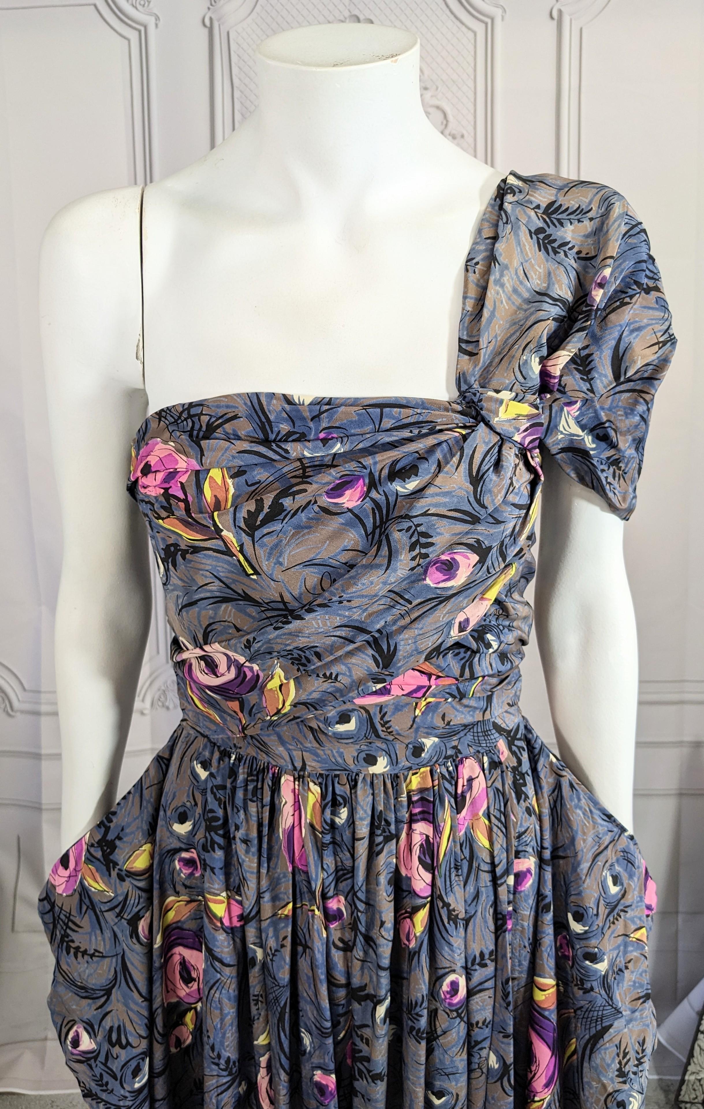 Women's 1940's Printed Draped Silk One Shoulder Gown For Sale