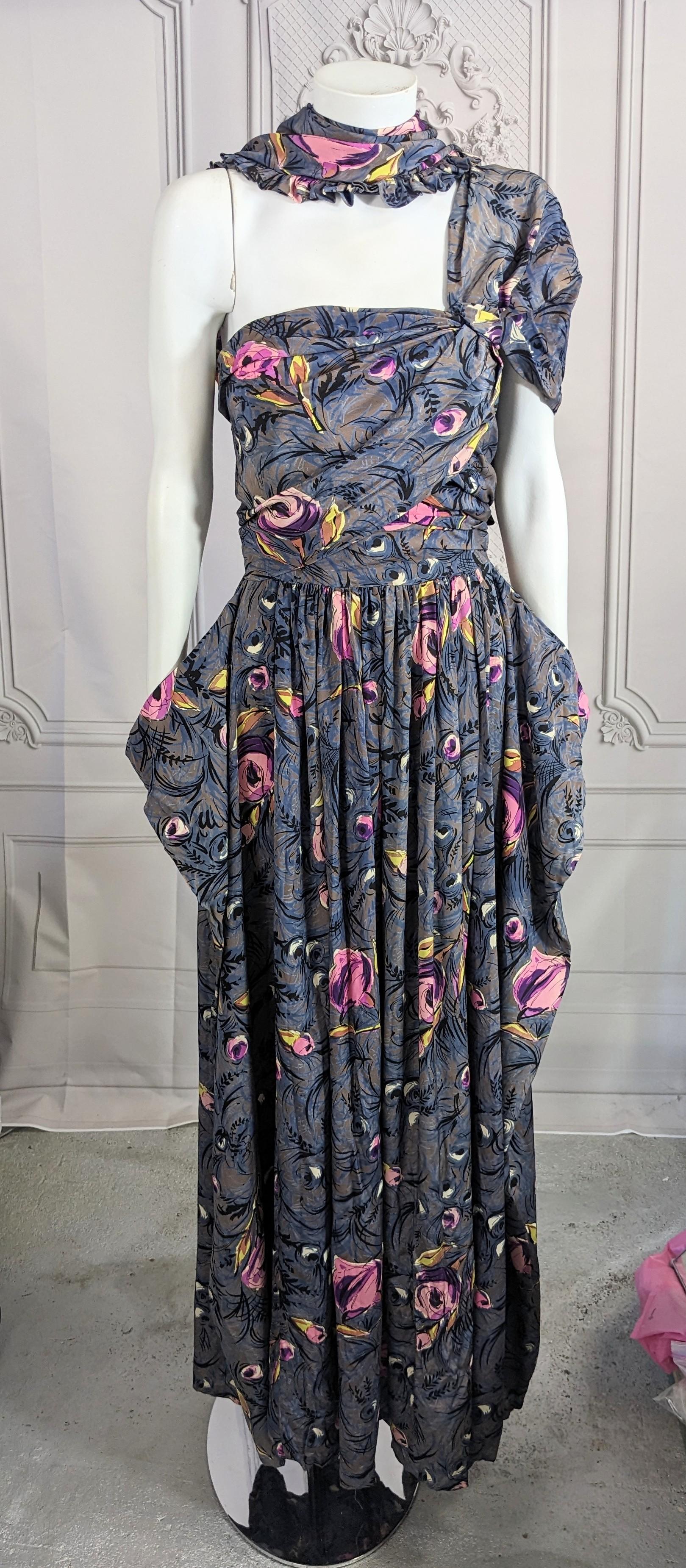 1940's Printed Draped Silk One Shoulder Gown For Sale 1