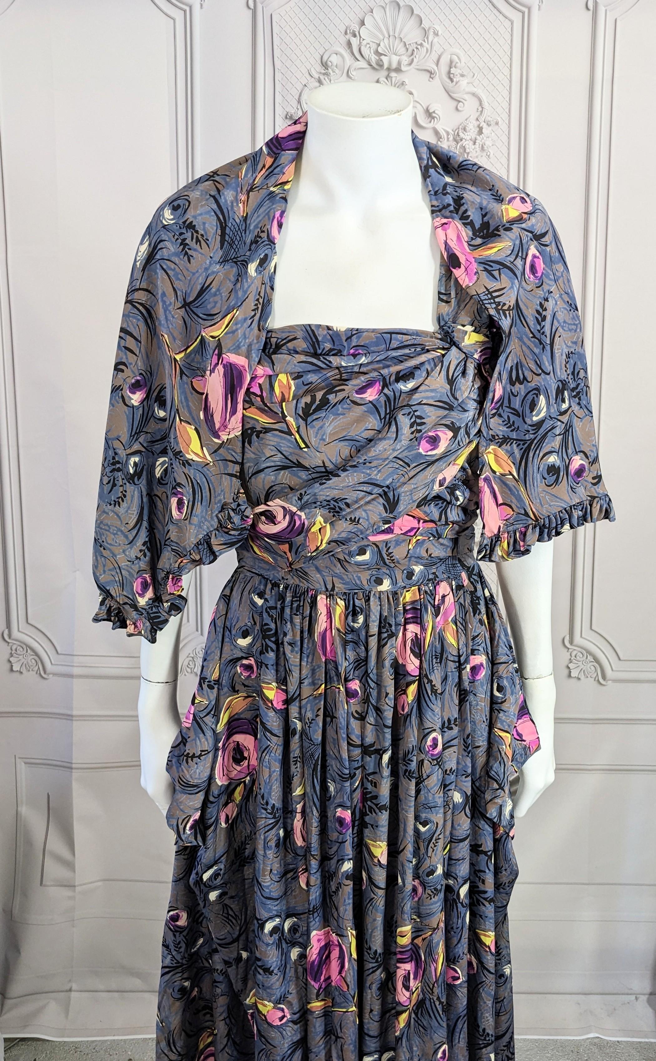 1940's Printed Draped Silk One Shoulder Gown For Sale 2