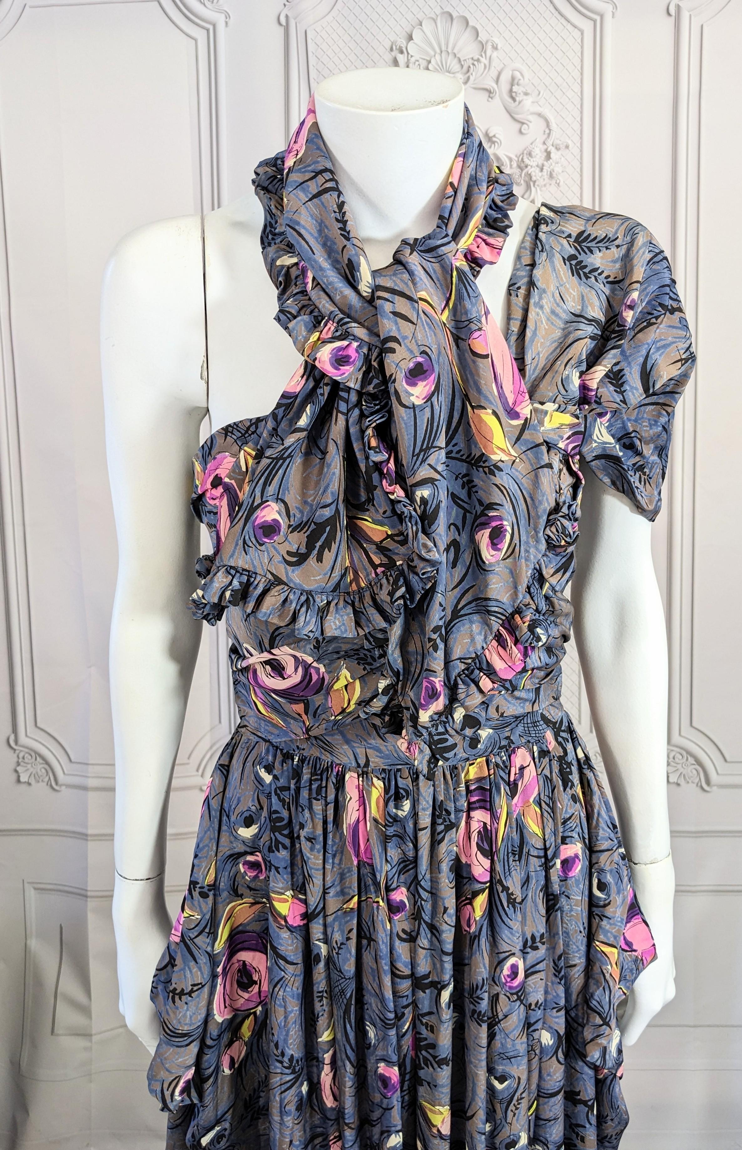 1940's Printed Draped Silk One Shoulder Gown For Sale 3