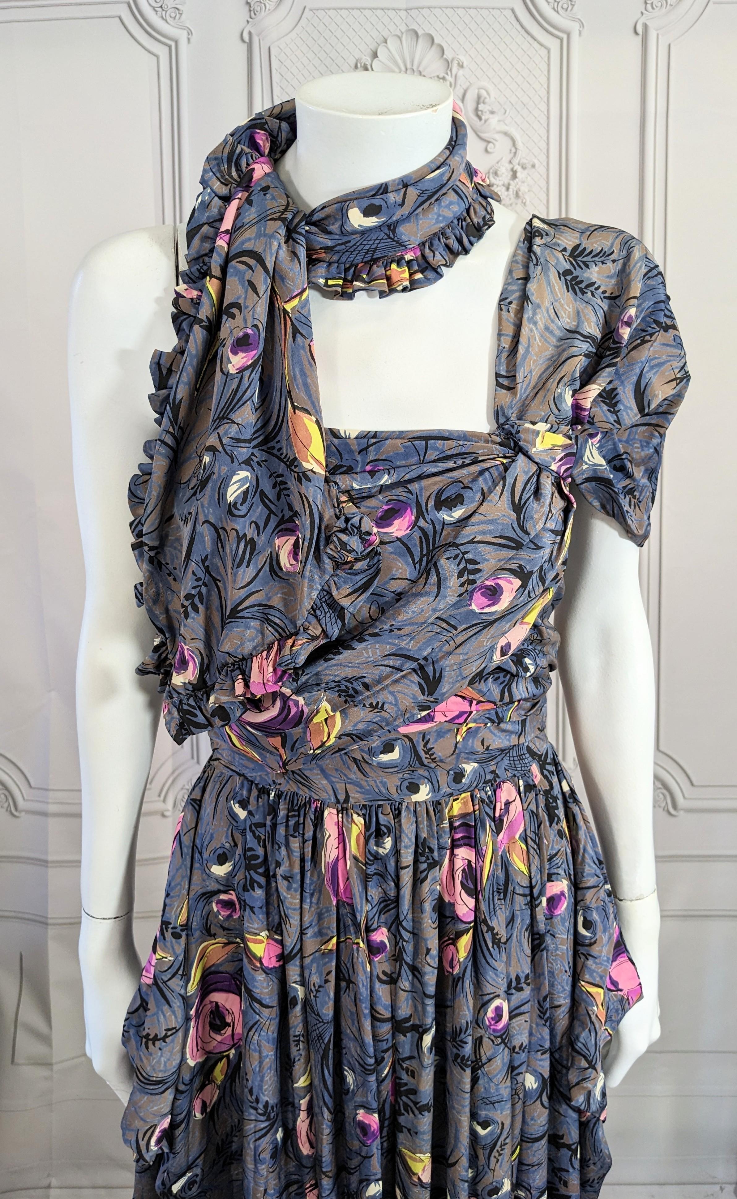 1940's Printed Draped Silk One Shoulder Gown For Sale 4