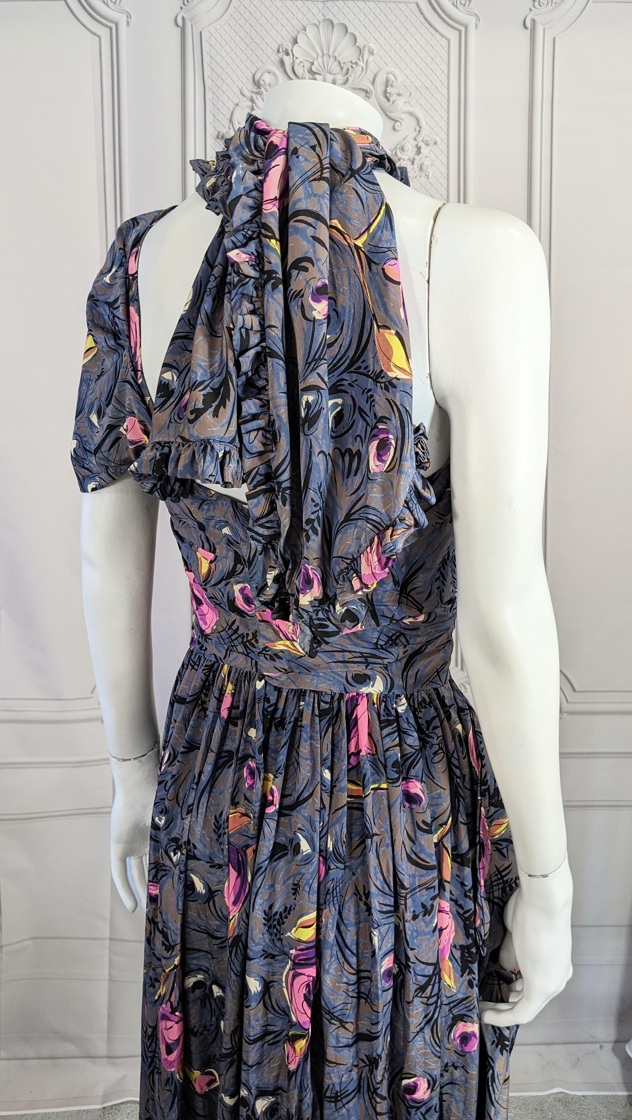 1940's Printed Draped Silk One Shoulder Gown For Sale 5