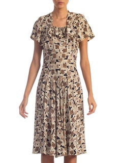 1940S Printed Rayon Crepe Dress With Bows & Pockets