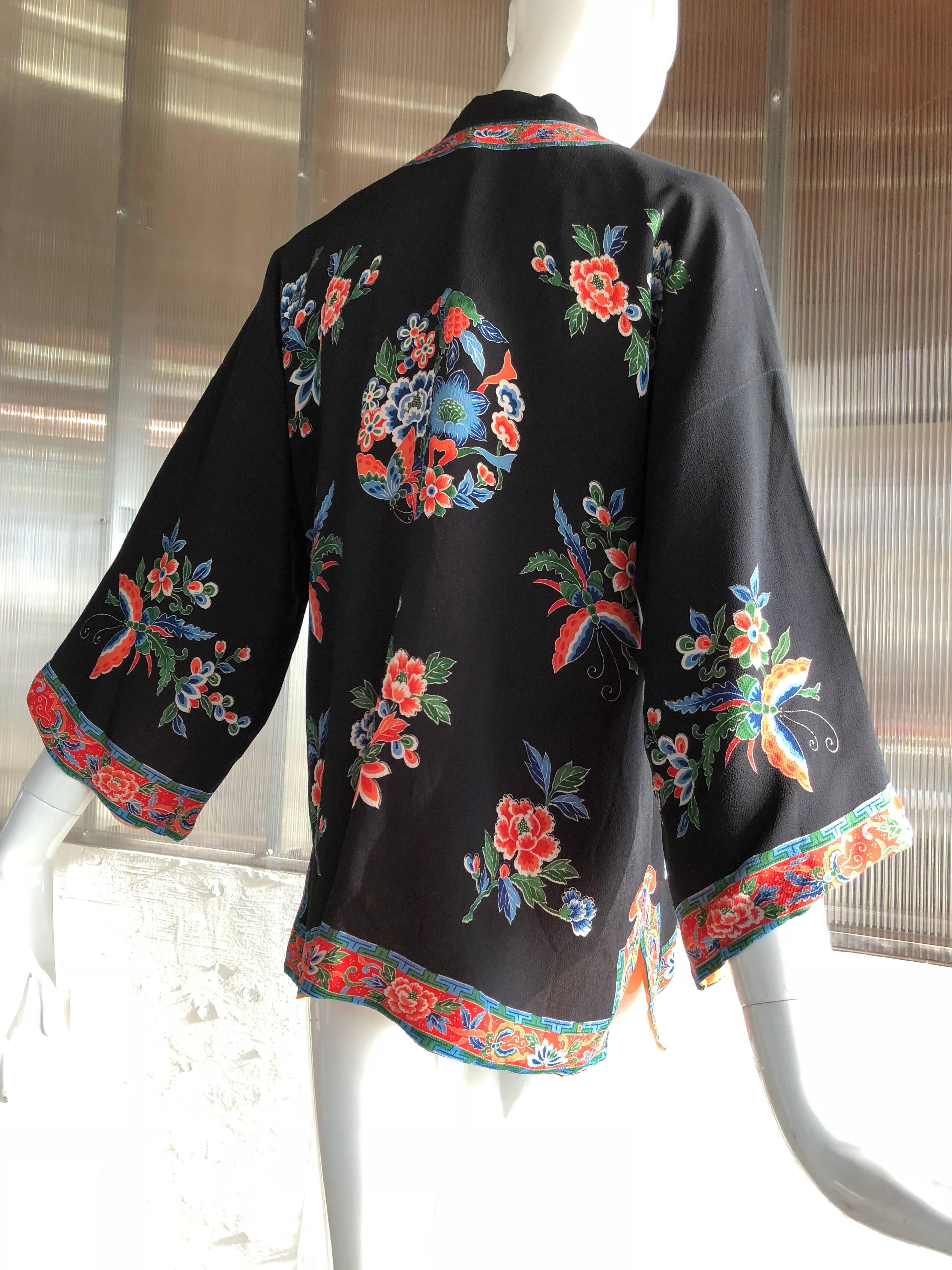 Black 1940s Printed Silk Bed Jacket in Traditional Chinese Style