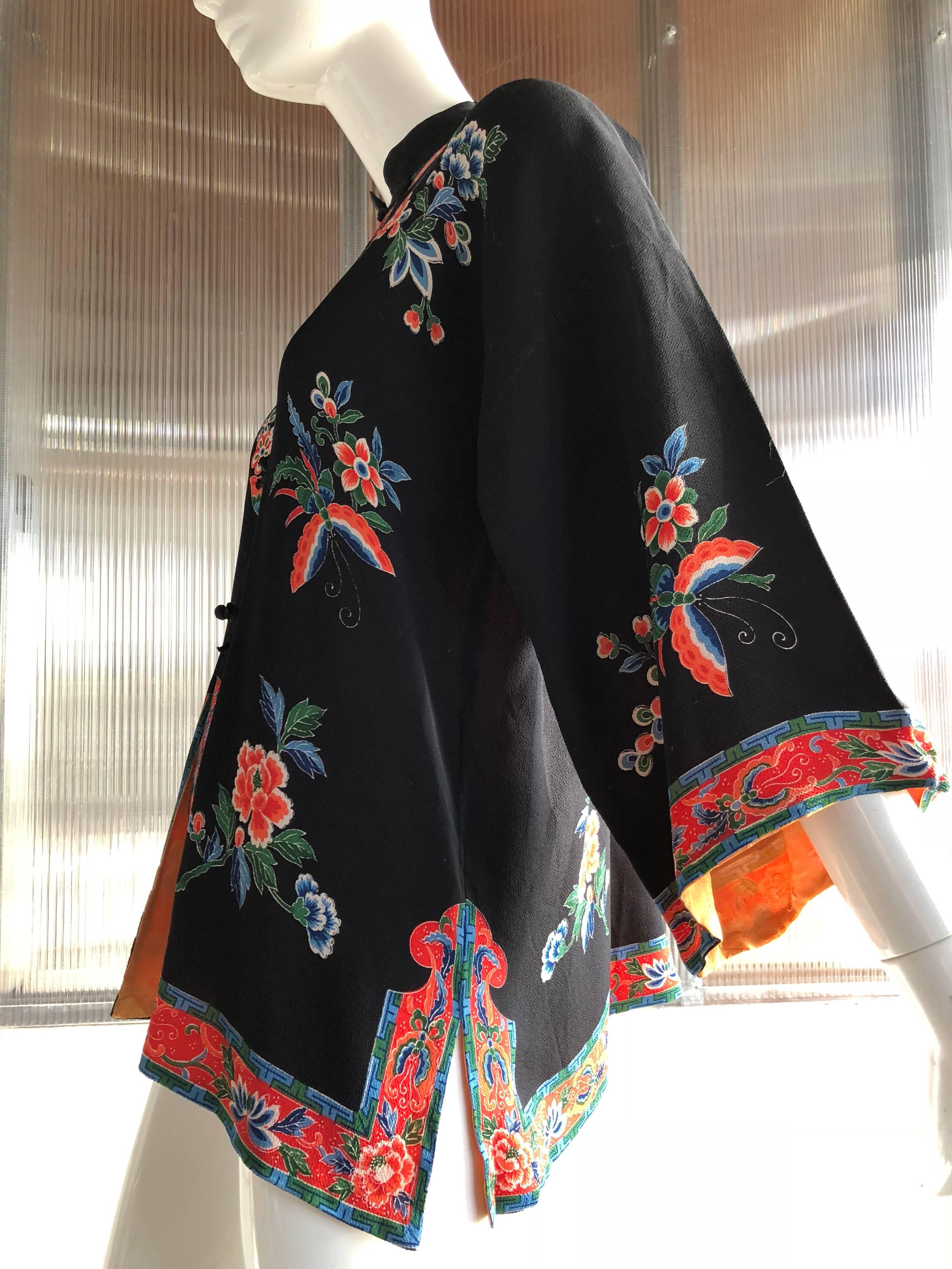 Women's 1940s Printed Silk Bed Jacket in Traditional Chinese Style