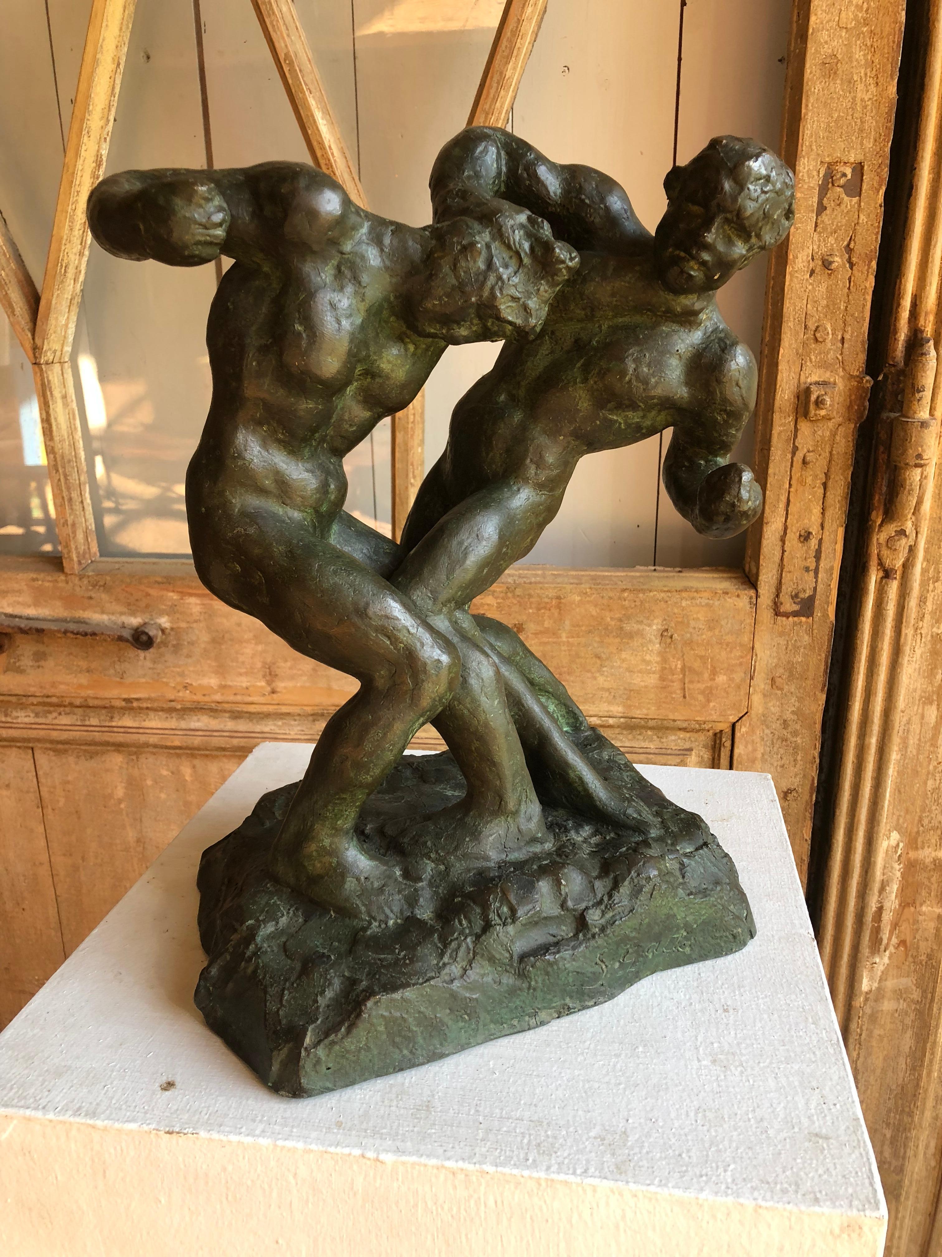 A fine bronze sculpture of two men boxing, mid-20th century, nicely modeled and with a great patina.
Saverio Gatto, (1877-1955) Italian sculptor, painter and designer. In 1898 he was at the Academy of Fine Arts in Naples, where its masters were