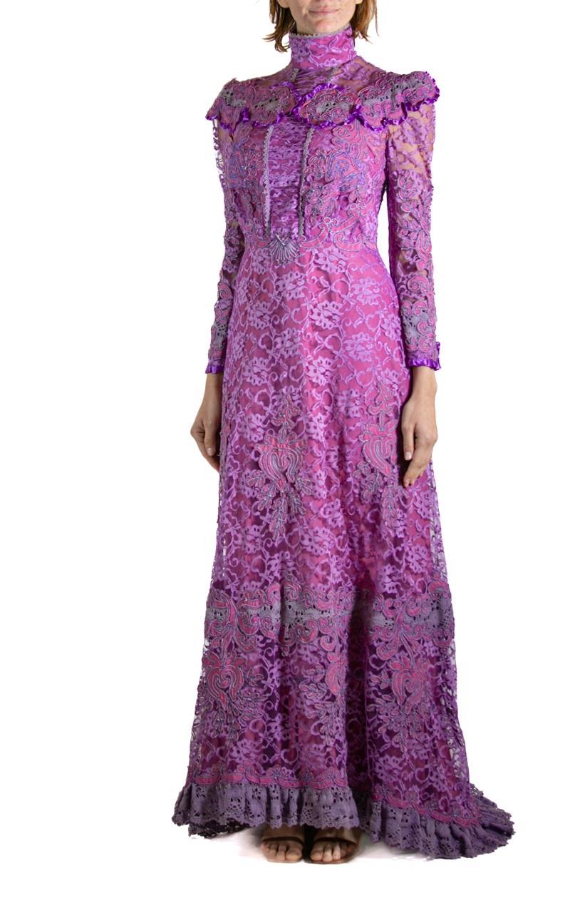 1940S Purple Embroidered Antique Lace Gown For Sale 1