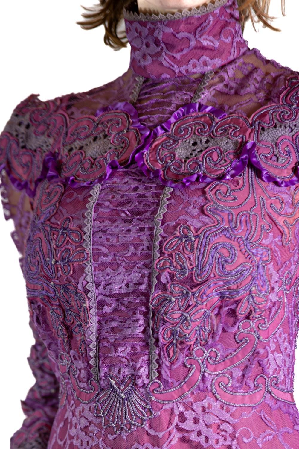 1940S Purple Embroidered Antique Lace Gown For Sale 4