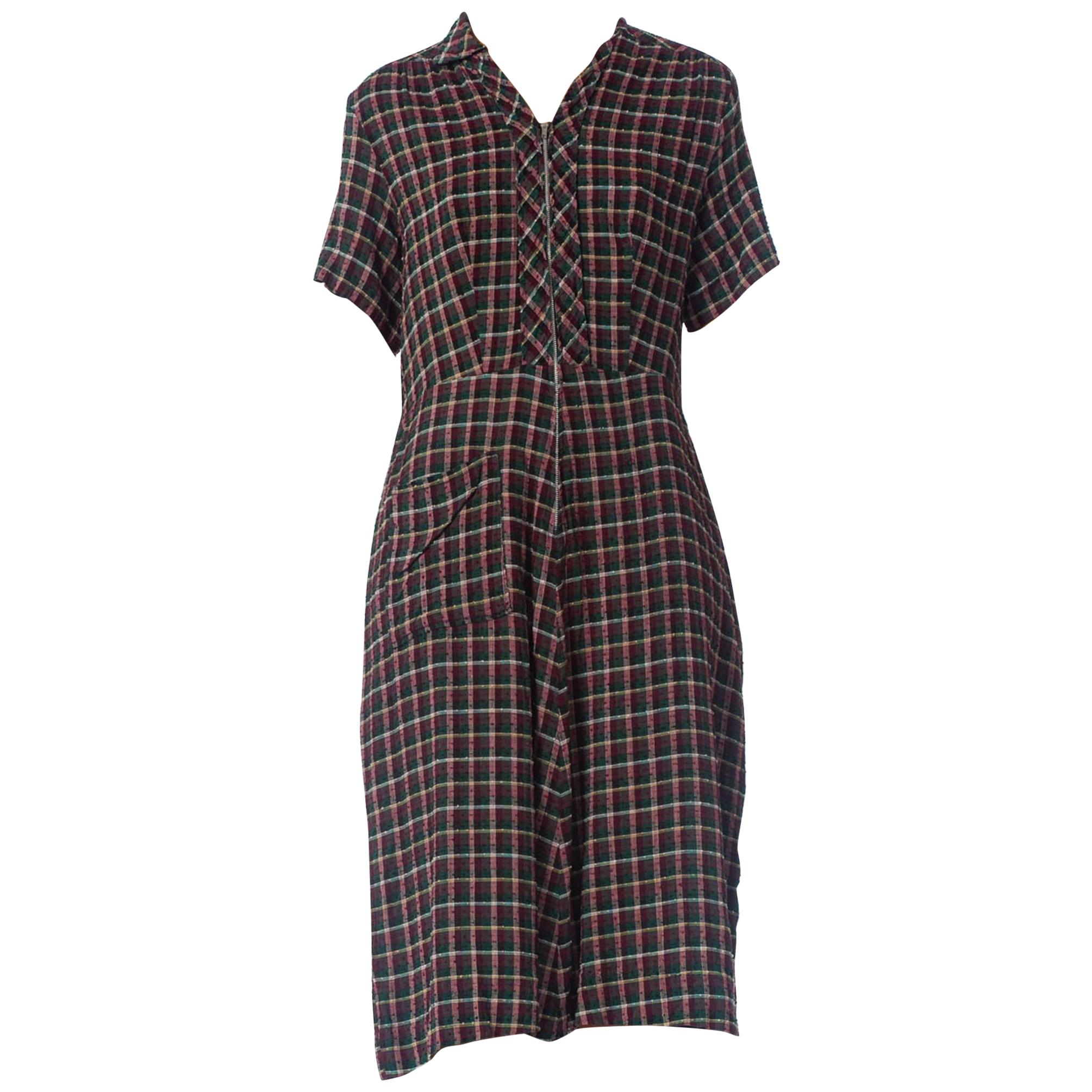 1940S Purple, Green and White Plaid Cotton Zip Front Dress For