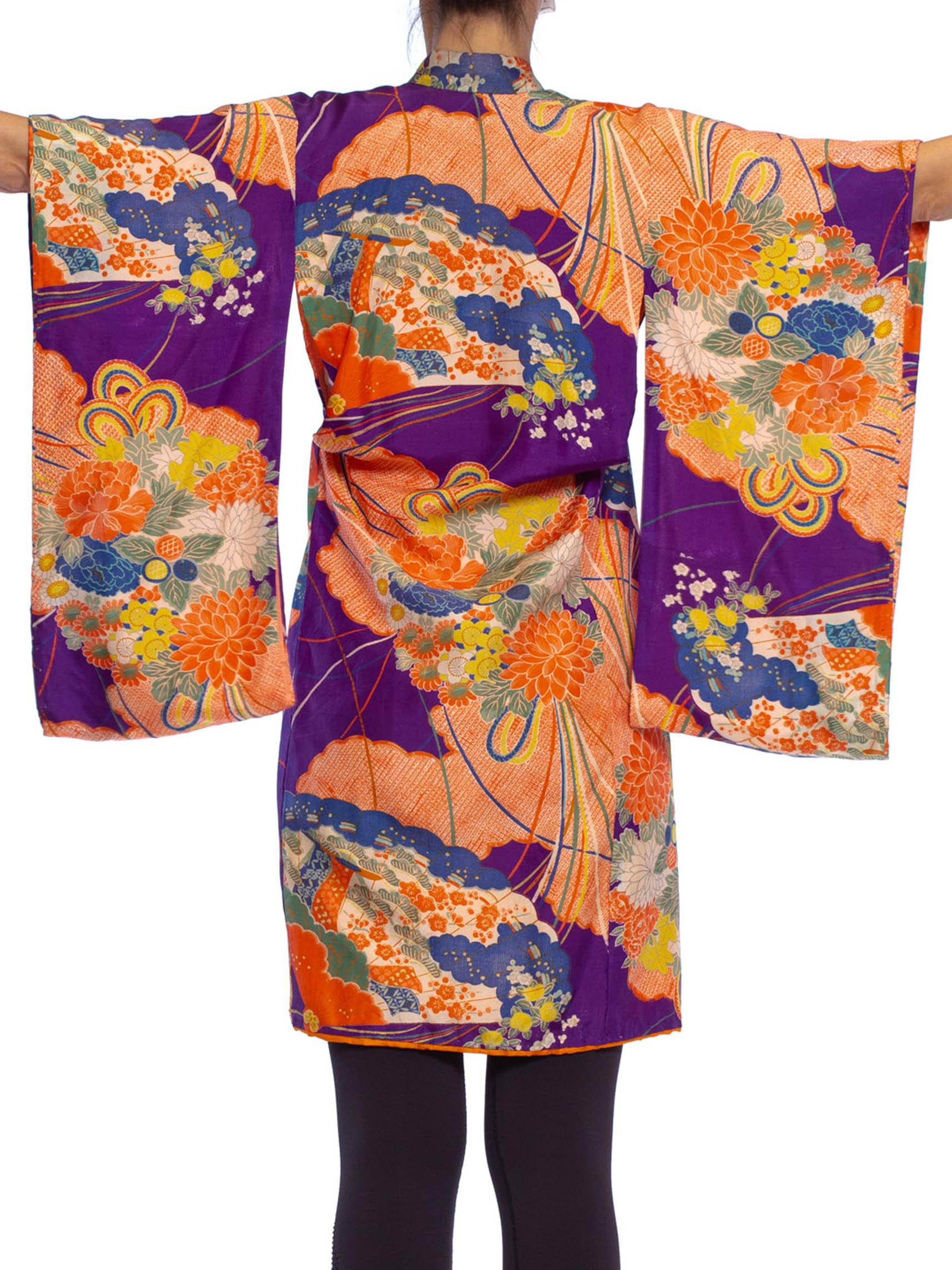 1940S Purple & Orange Silk Floral Printed Childs  Kimono With Bow Neck For Sale 3
