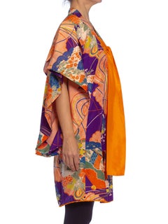 1940S Purple & Orange Silk Floral Printed Childs  Kimono With Bow Neck