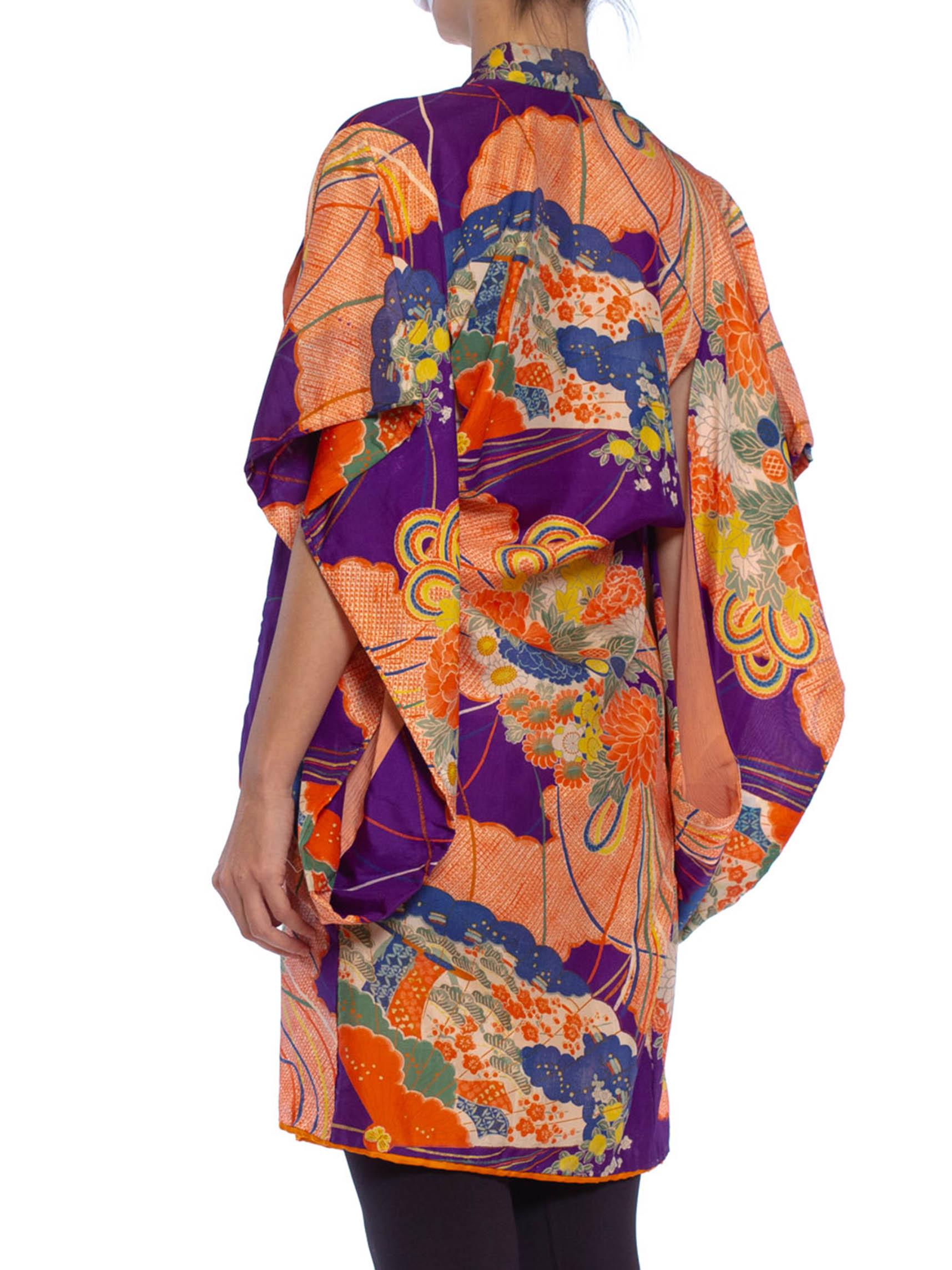 Women's 1940S Purple & Orange Silk Floral Printed Childs  Kimono With Bow Neck For Sale