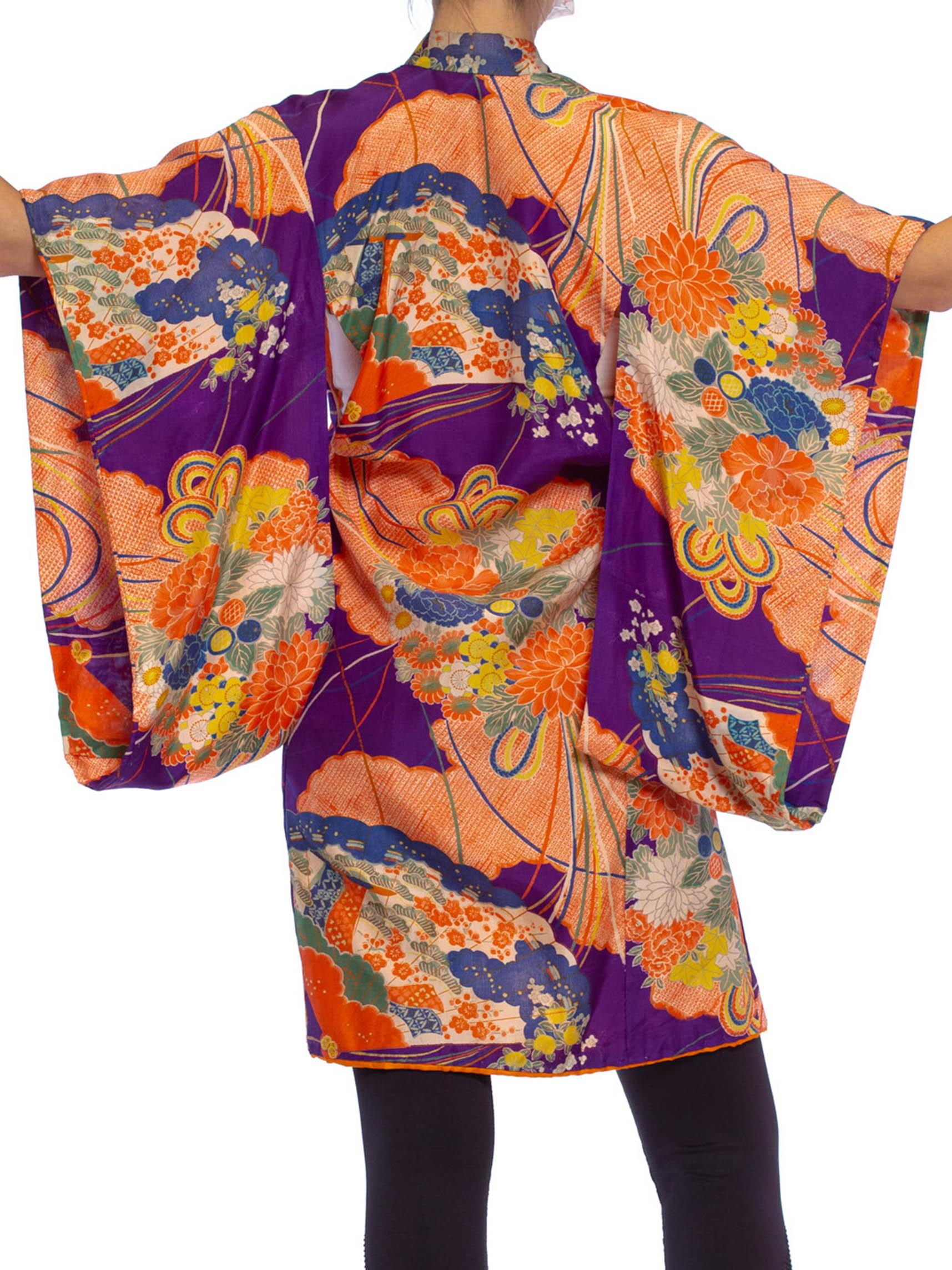 1940S Purple & Orange Silk Floral Printed Childs  Kimono With Bow Neck For Sale 1