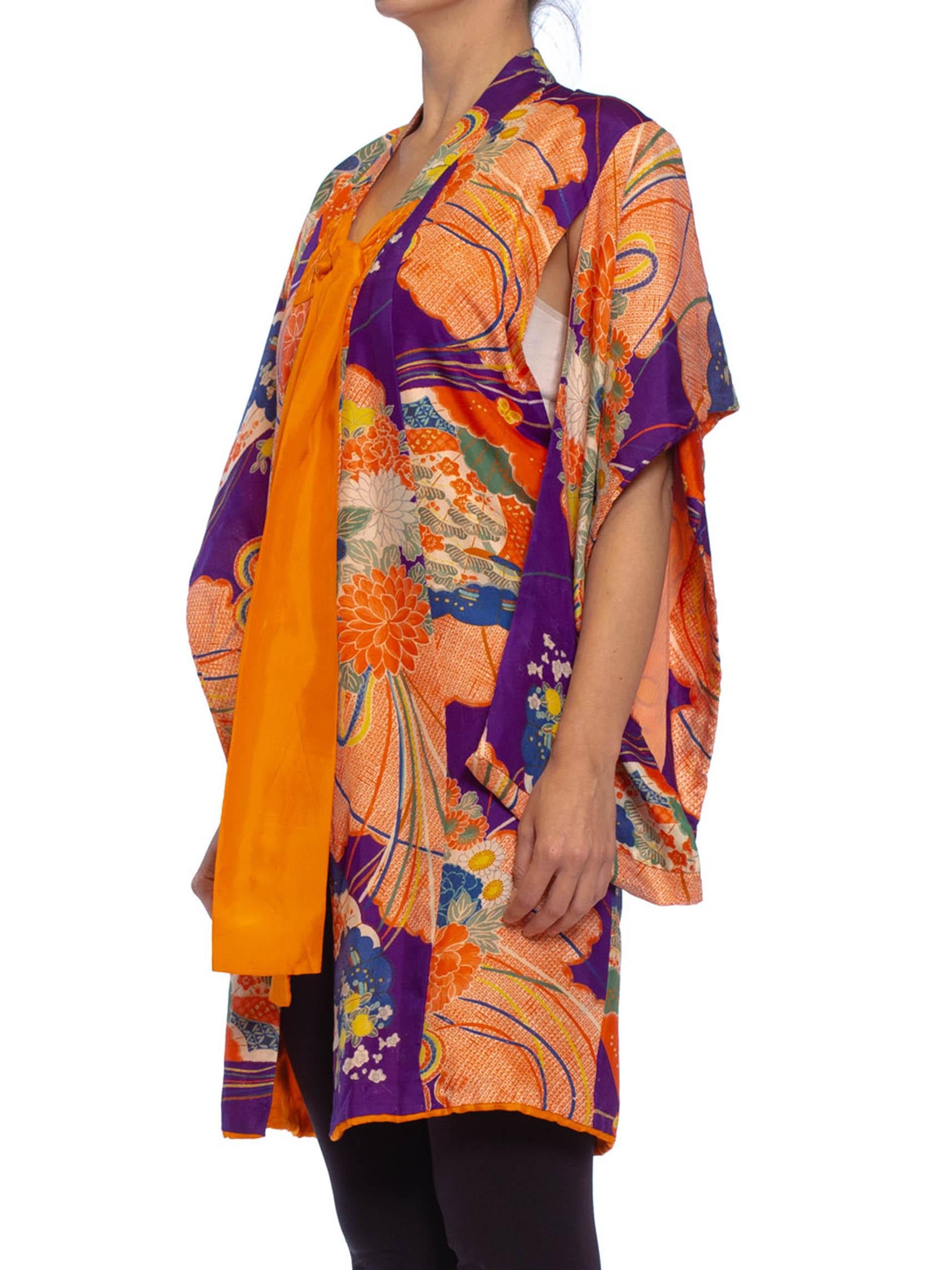 1940S Purple & Orange Silk Floral Printed Childs  Kimono With Bow Neck For Sale 2