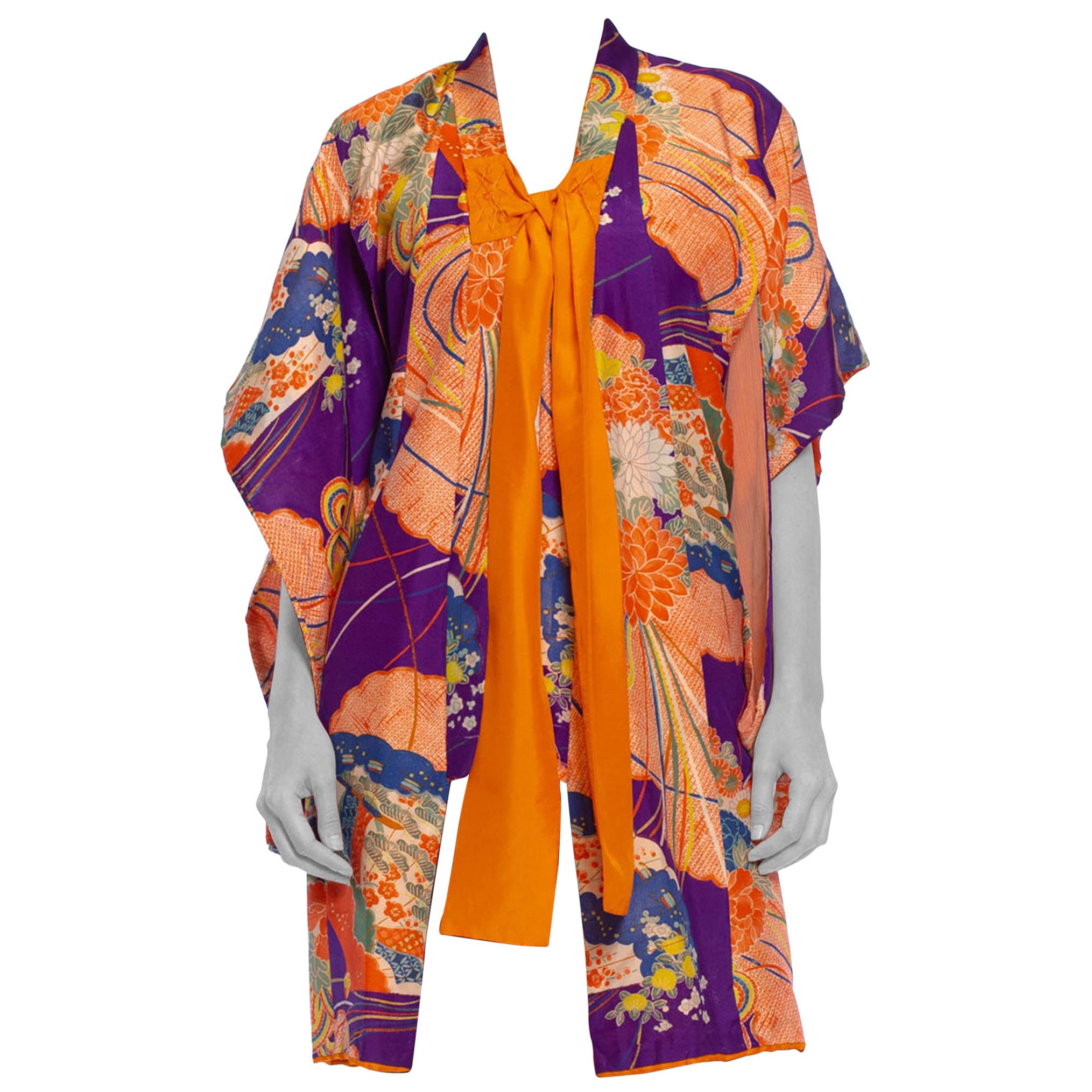 1940S Purple & Orange Silk Floral Printed Childs  Kimono With Bow Neck