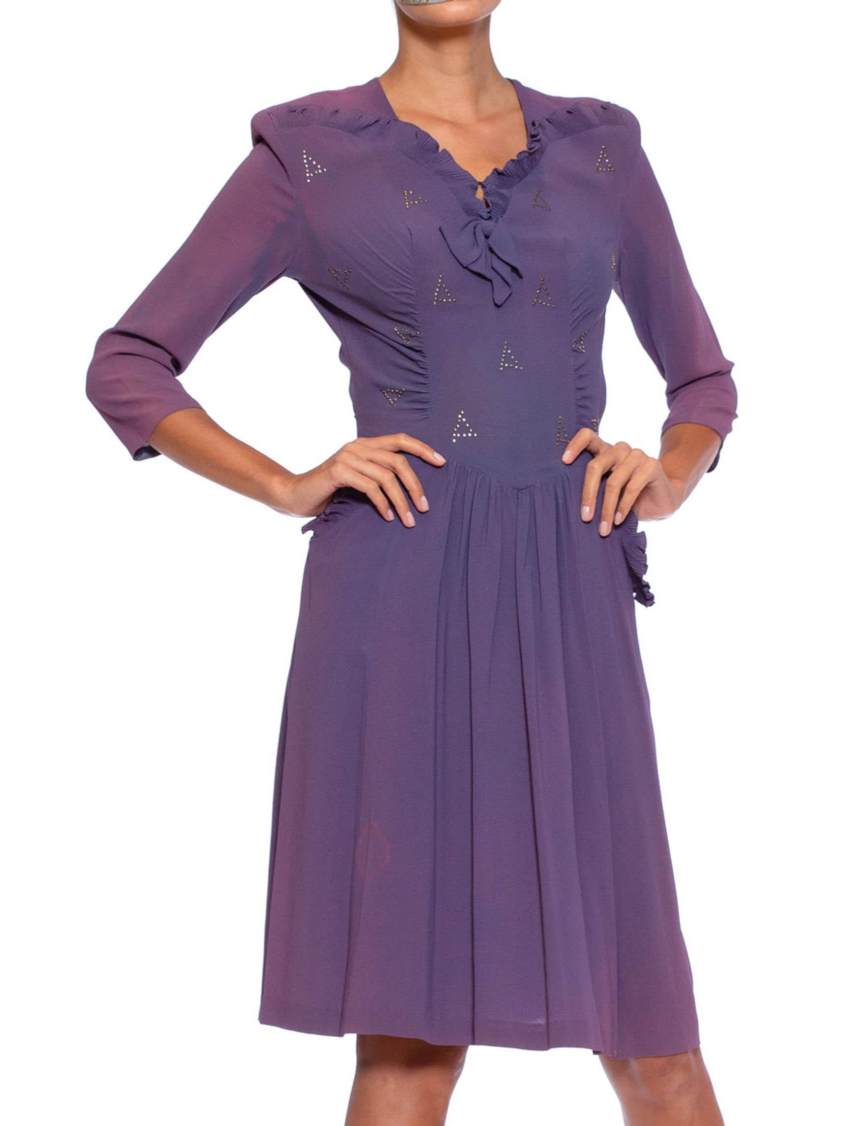 Color fading along shoulder and sleeves. 1940S Purple Rayon Blend Crepe Silver Studded Dress With Ruffles & Shirring, As-Is 