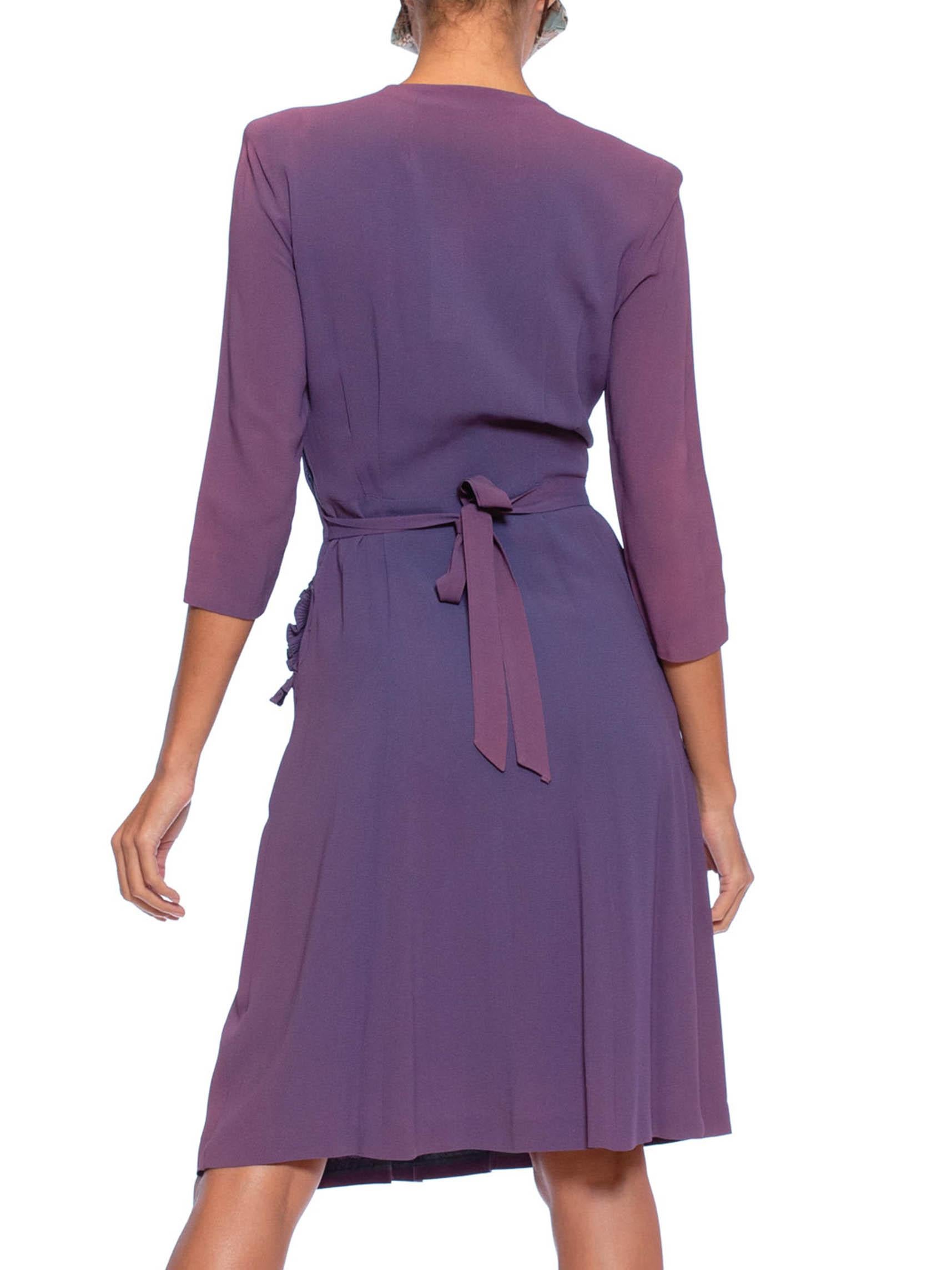 Gray 1940S Purple Rayon Blend Crepe Silver Studded Dress With Ruffles & Shirring, As For Sale