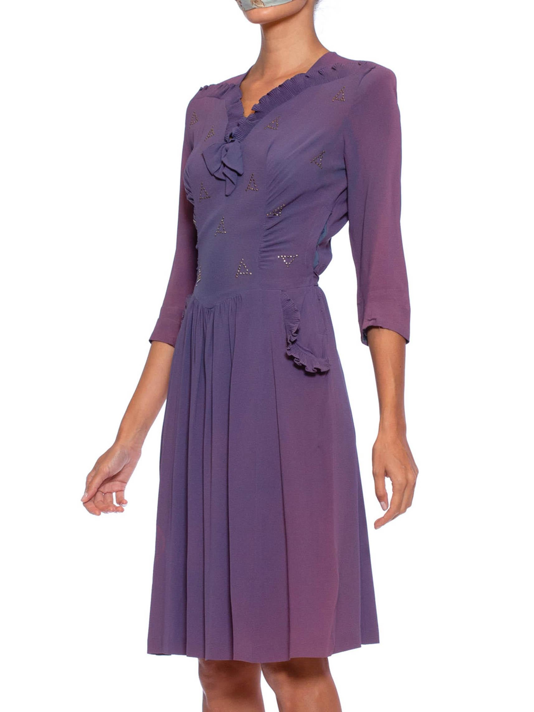 1940S Purple Rayon Blend Crepe Silver Studded Dress With Ruffles & Shirring, As In Excellent Condition For Sale In New York, NY
