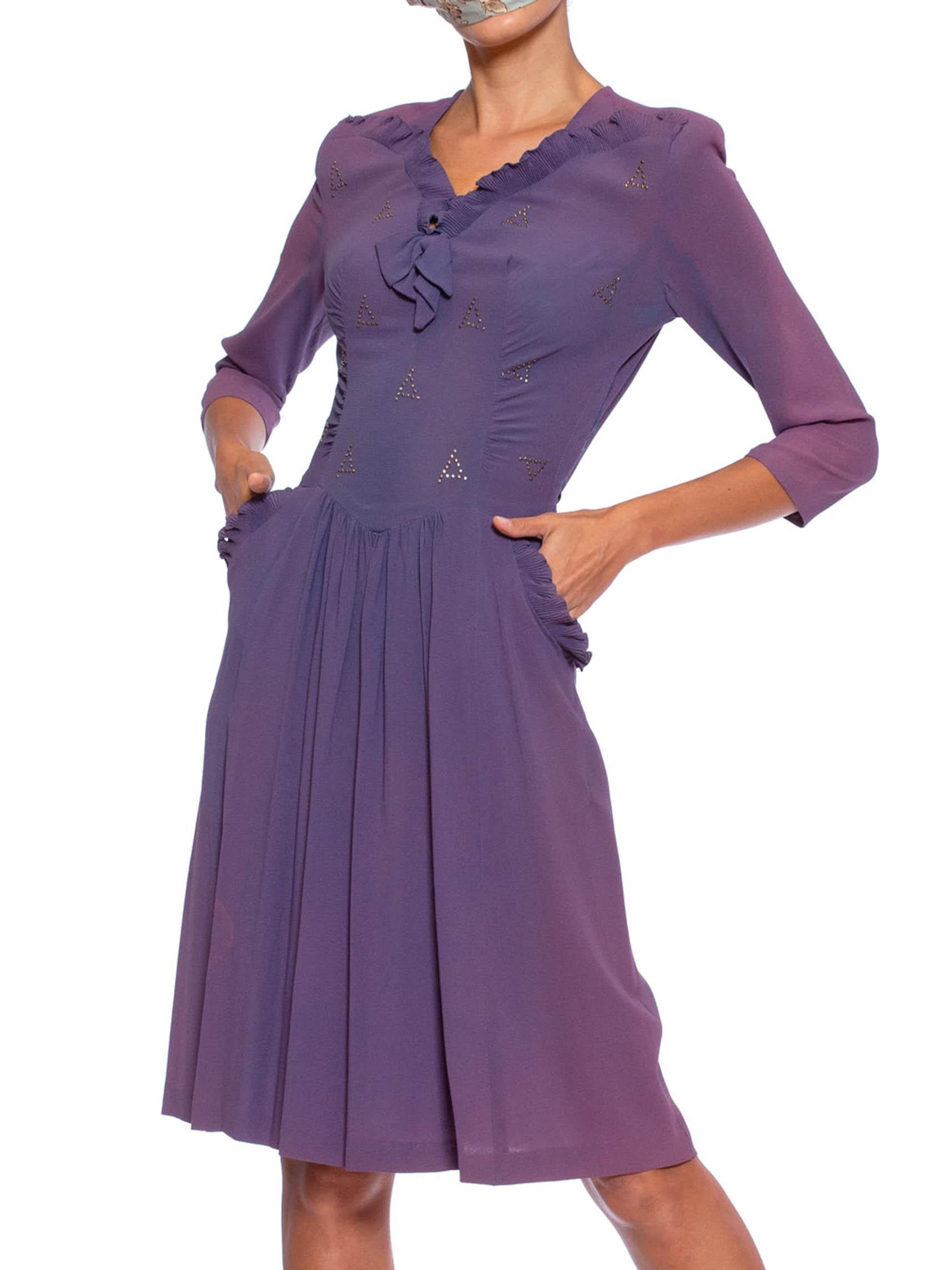 Women's 1940S Purple Rayon Blend Crepe Silver Studded Dress With Ruffles & Shirring, As For Sale