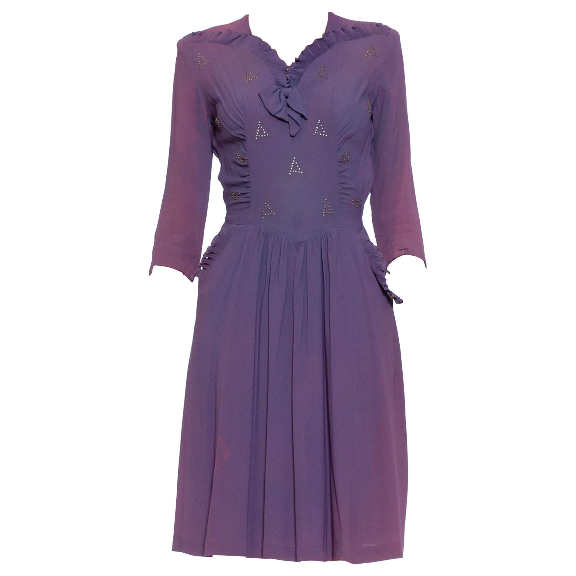 1940S Purple Rayon Blend Crepe Silver Studded Dress With Ruffles & Shirring, As For Sale