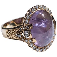 1940s Purple Star Sapphire Diamond Cocktail Ring in 14k Rose Gold