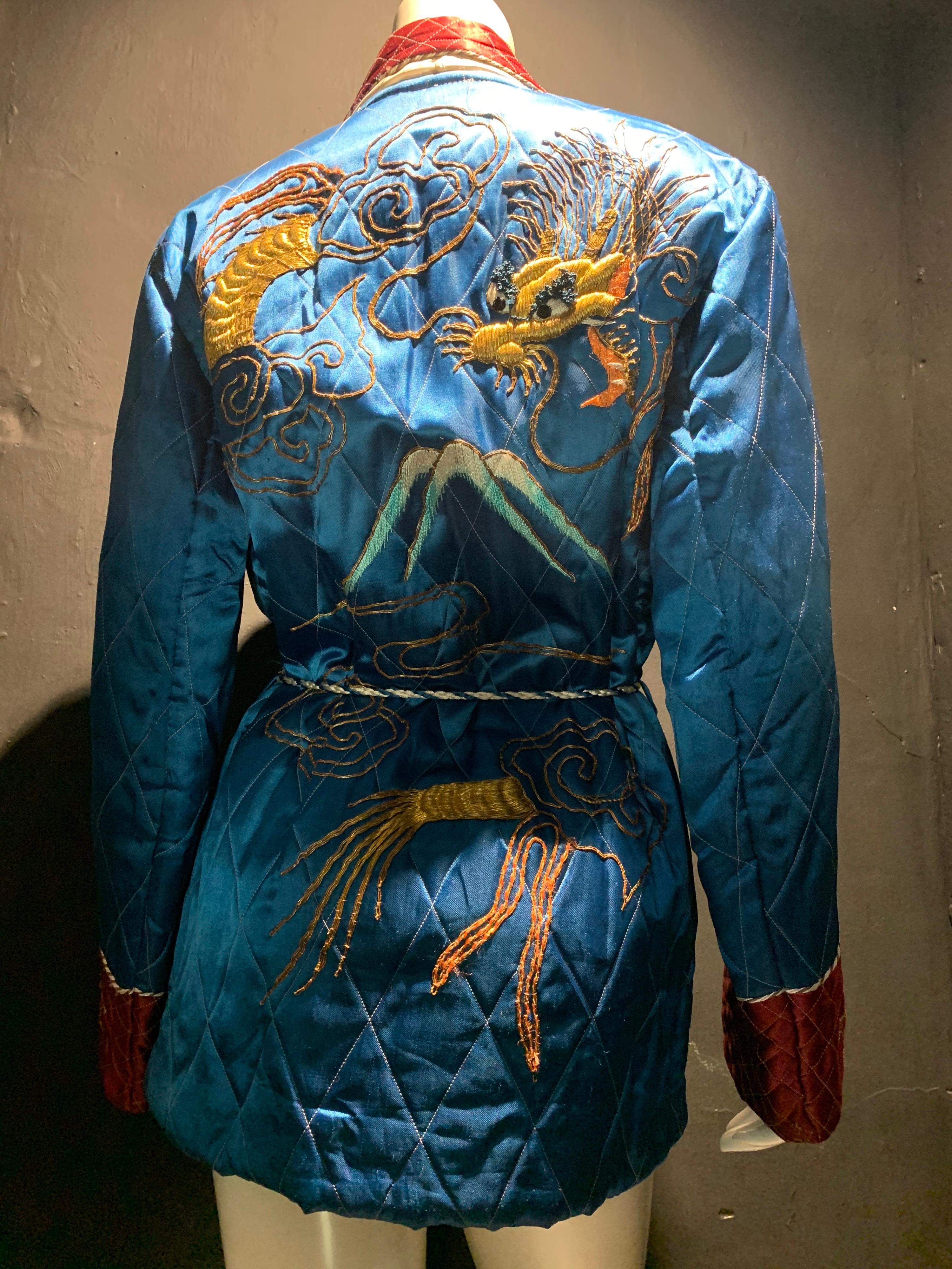 1940s Quilted Chinese Men's Satin Smoking Jacket W/ Gold Embroidered Dragons 2