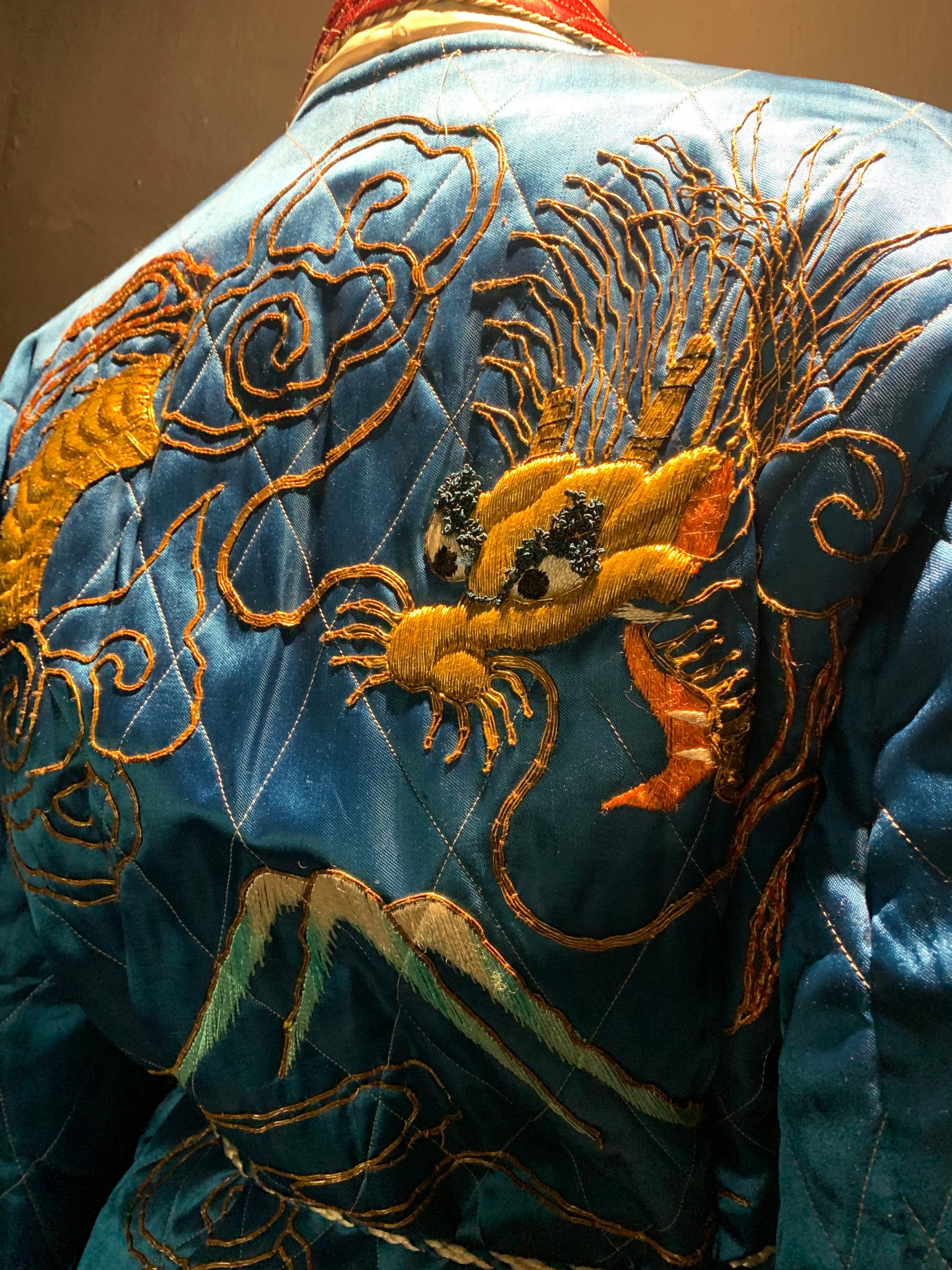 1940s Quilted Chinese Men's Satin Smoking Jacket W/ Gold Embroidered Dragons 3