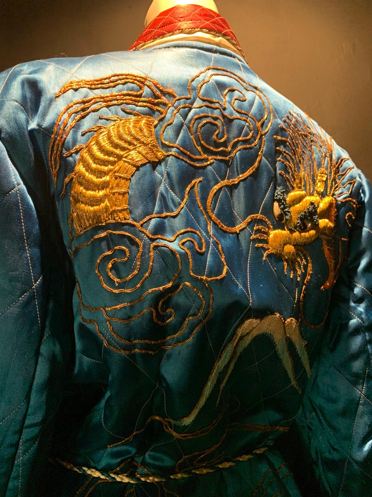 Women's or Men's 1940s Quilted Chinese Men's Satin Smoking Jacket W/ Gold Embroidered Dragons For Sale