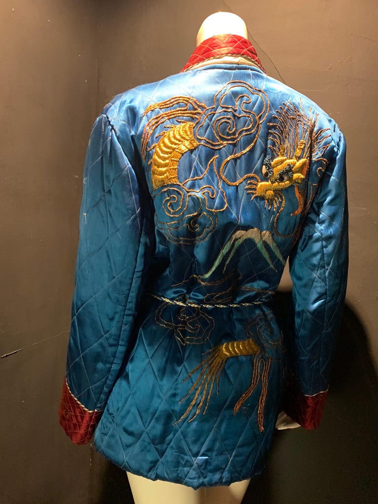 1940s Quilted Chinese Men's Satin Smoking Jacket W/ Gold Embroidered Dragons For Sale 1
